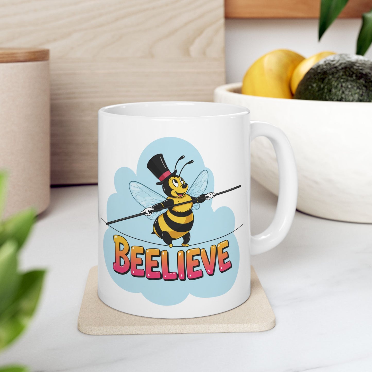Ceramic Mug - Beelieve Fun Pun Bee Tightrope Design
