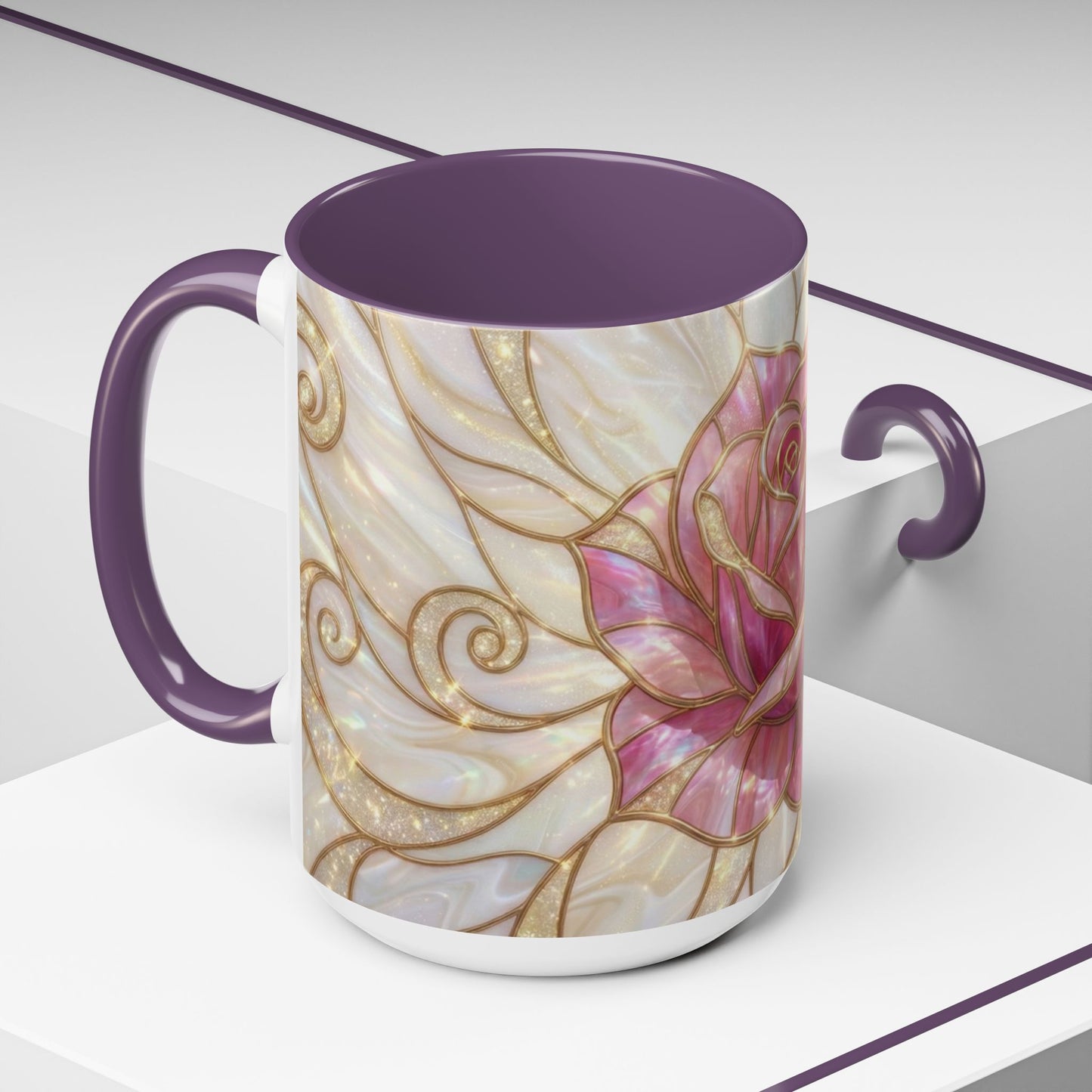 Pink Rose Stained Glass Mug, Gold Floral Coffee Cup, Romantic Flower Tea Cup, Gardener Gift For Mom, Botanical Art, Wife Birthday Gift