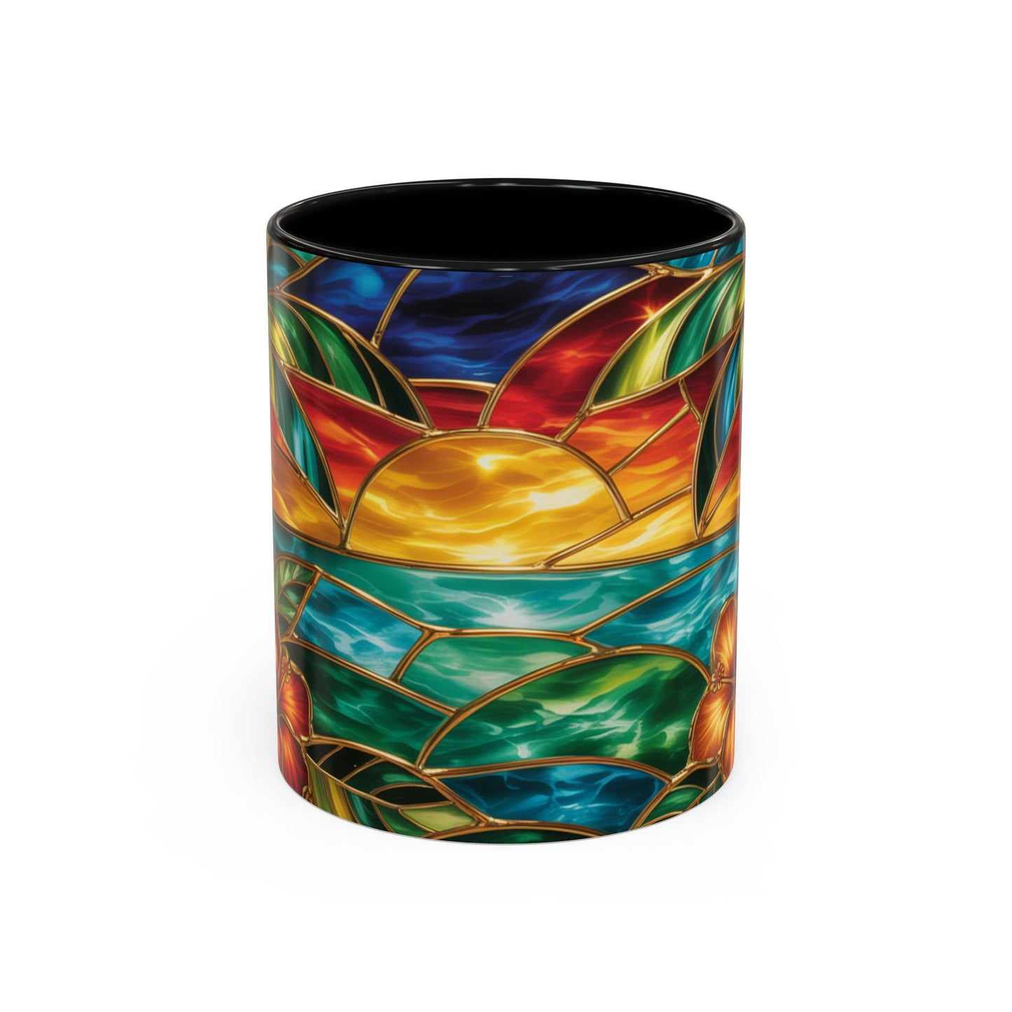 Stained Glass Tropical Sunset Mug, Hibiscus Flower Coffee Cup, Beach Lover Gift, Colorful Palm Tree Mug, Coastal Art Drinkware, Summer Cup