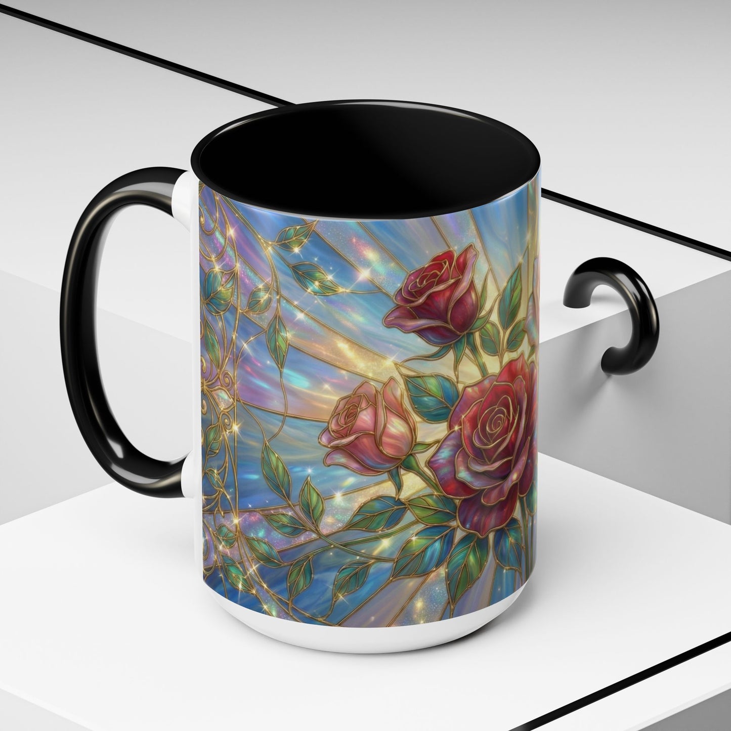 Stained Glass Rose Mug, Floral Art Coffee Cup, Elegant Rose Flower Mug, Blue Gold Glass Style Design, Romantic Gift For Her Decor