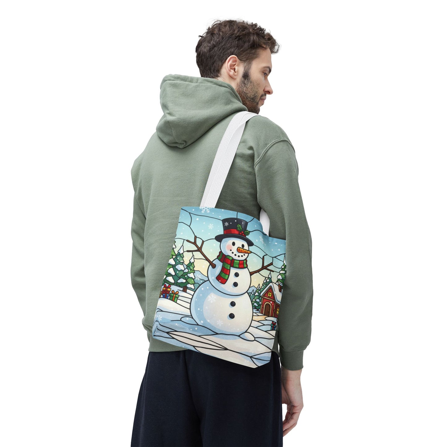 Stained Glass Snowman Christmas Tote Bag, Holiday Art Tote, Festive Winter Gift Bag, Colorful Christmas Scene Reusable Shopping Bag
