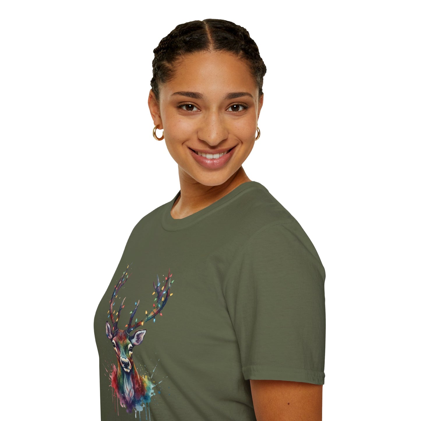 Christmas Deer Shirt, Watercolor Buck T-Shirt, Deer With Christmas Lights Tee, Holiday Wildlife Art Shirt, Colorful Deer Head Xmas Tee