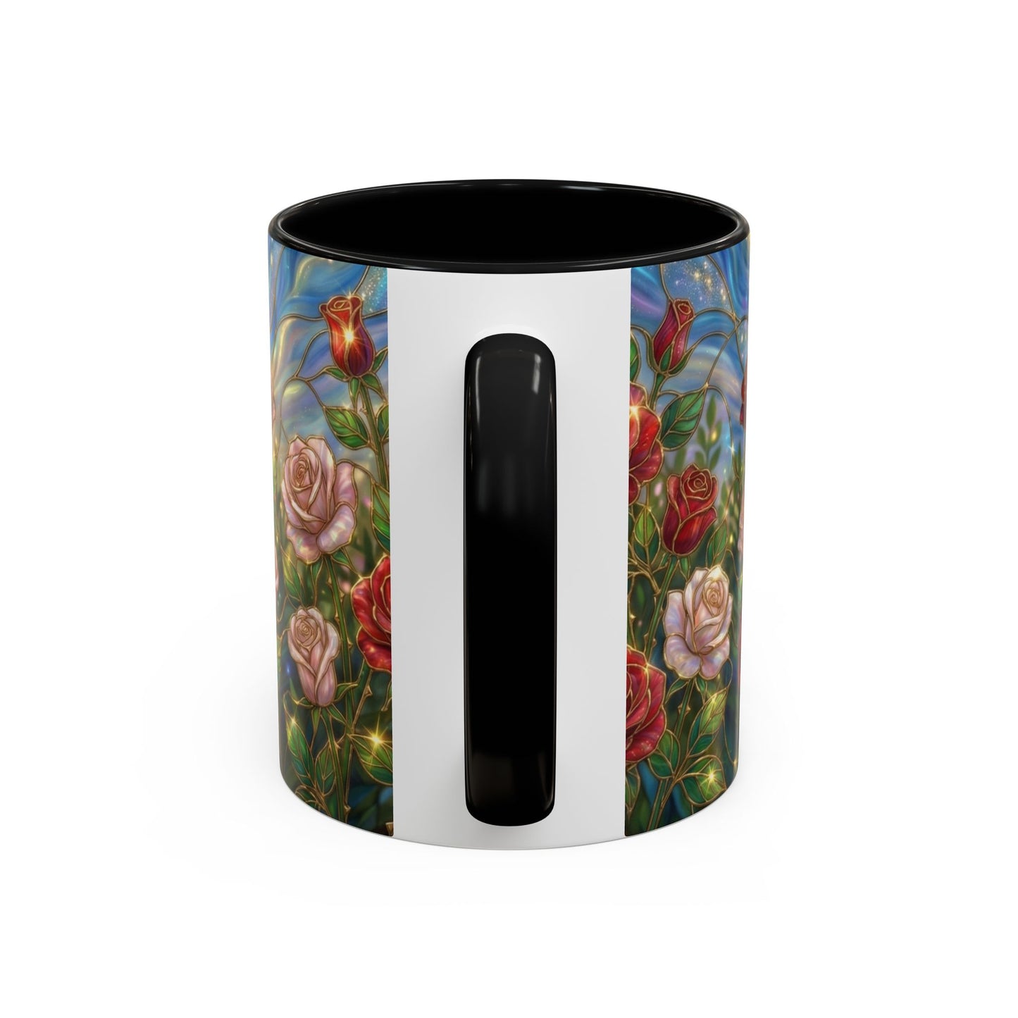 Stained Glass Rose Garden Mug, Floral Rose Coffee Cup, Elegant Flower Mug, Blue Green Gold Glass Style Design, Romantic Gift For Her