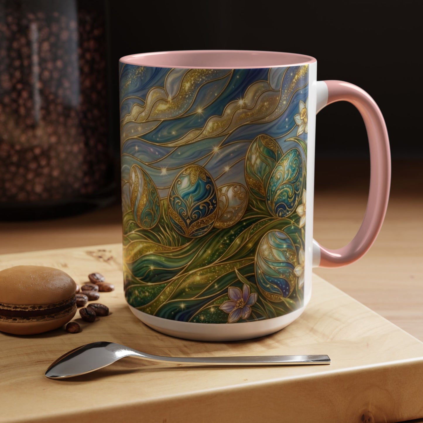 Stained Glass Easter Egg Mug, Magical Spring Floral Coffee Cup, Art Nouveau Fantasy Teacup, Elegant Celestial Starry Sky Mug Gift Idea