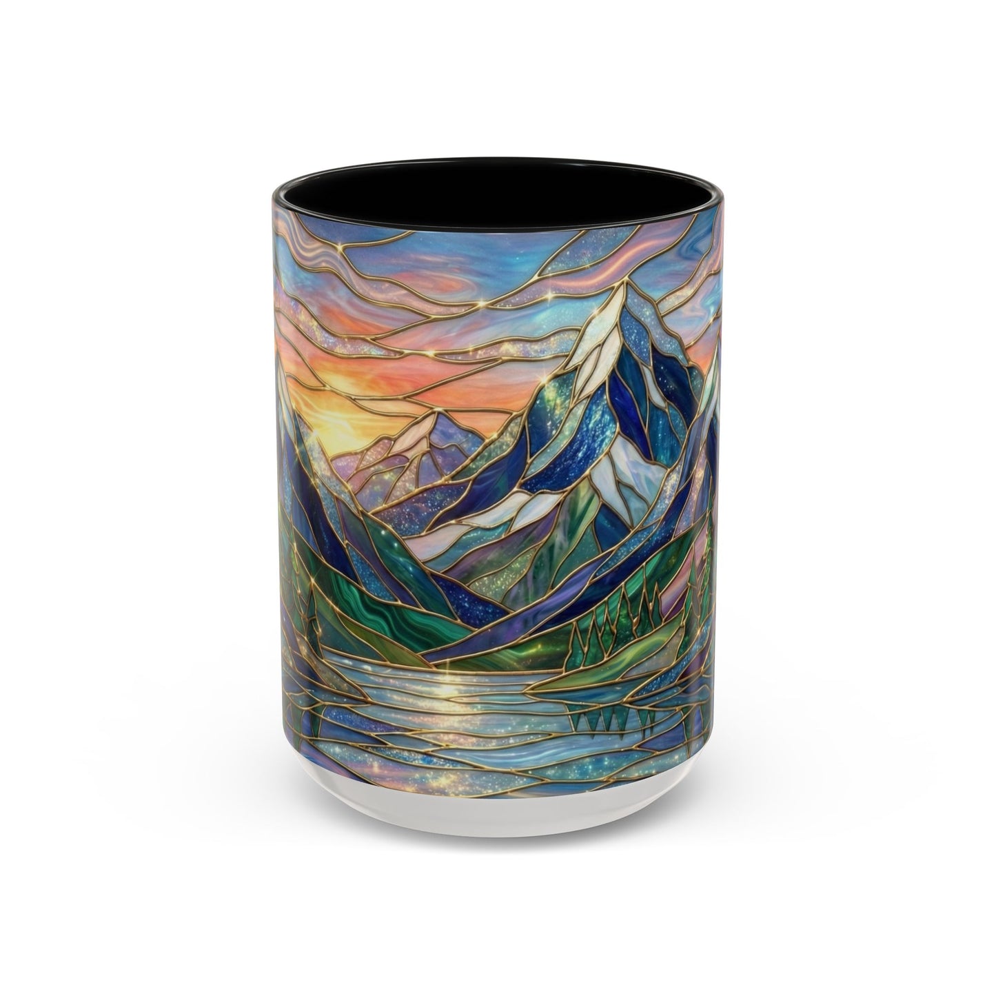 Stained Glass Mountain Mug, Sunset Mountain Landscape Coffee Cup, Nature Ceramic Mug With Forest And River, 11oz 15oz Gift