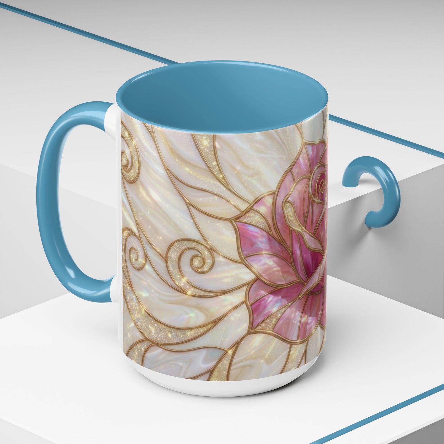 Pink Rose Stained Glass Mug, Gold Floral Coffee Cup, Romantic Flower Tea Cup, Gardener Gift For Mom, Botanical Art, Wife Birthday Gift