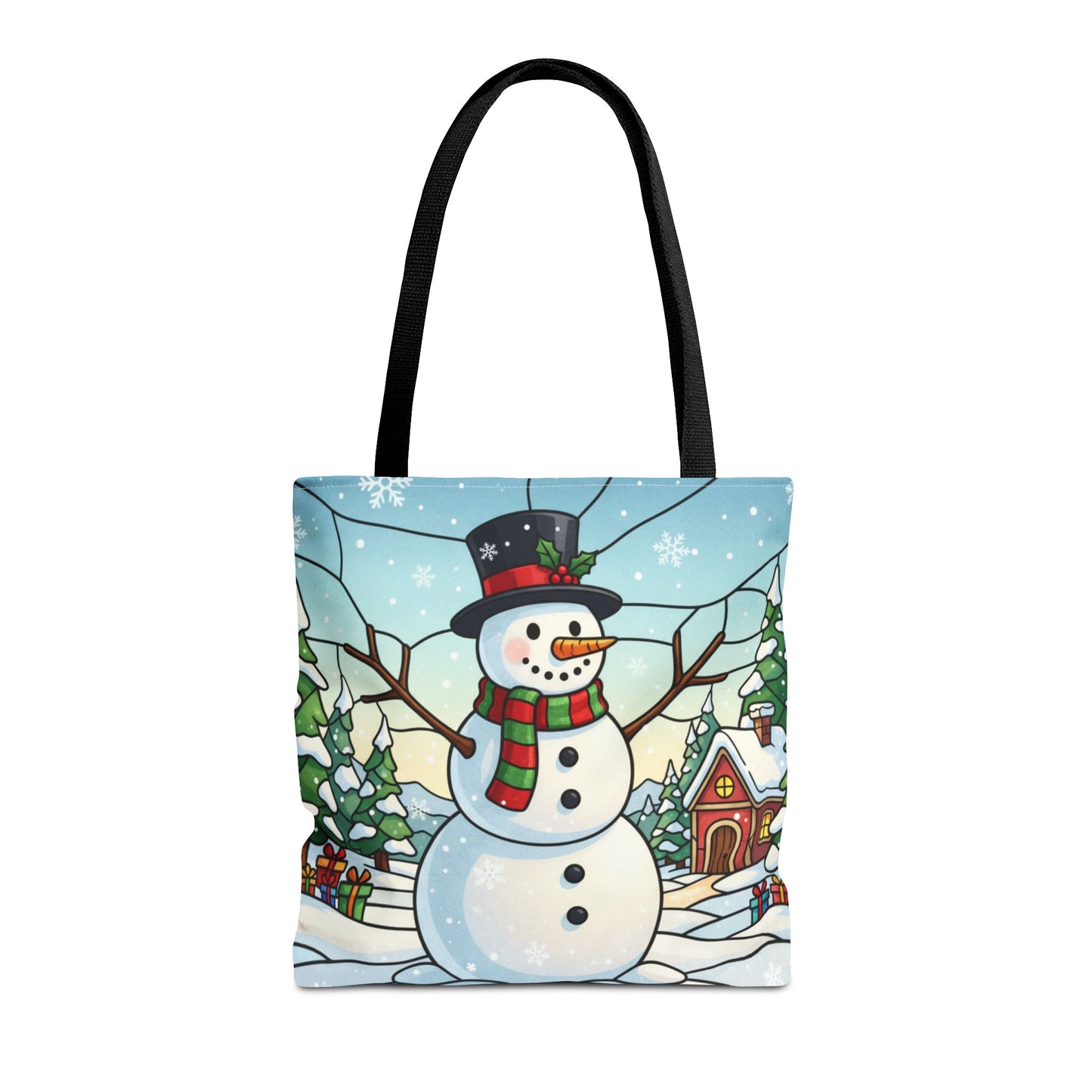 Stained Glass Snowman Christmas Tote Bag, Holiday Art Tote, Festive Winter Gift Bag, Colorful Christmas Scene Reusable Shopping Bag
