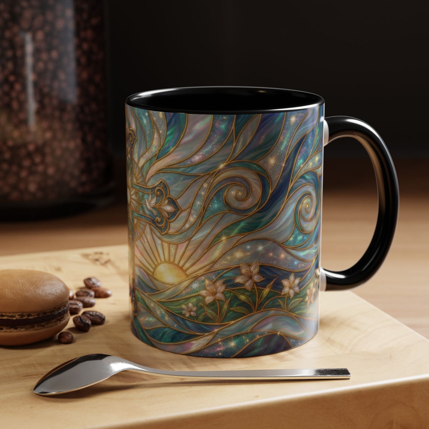Stained Glass Cross Mug, Christian Coffee Cup, Religious Easter Gift, Celestial Faith Mug, Spiritual Sunrise Cup, Dove Lily Print Mug