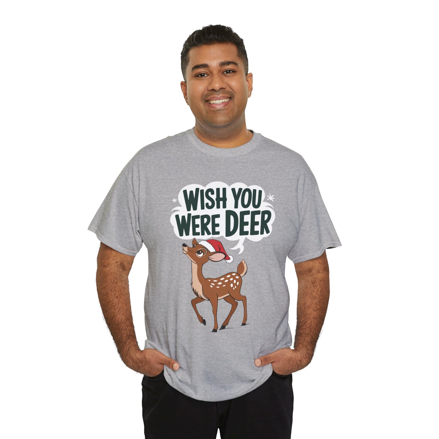 Wish You Were Deer Funny Christmas T-Shirt, Cute Reindeer Holiday Tee, Pun Christmas Shirt, Festive Santa Hat Deer Graphic Tee Gift