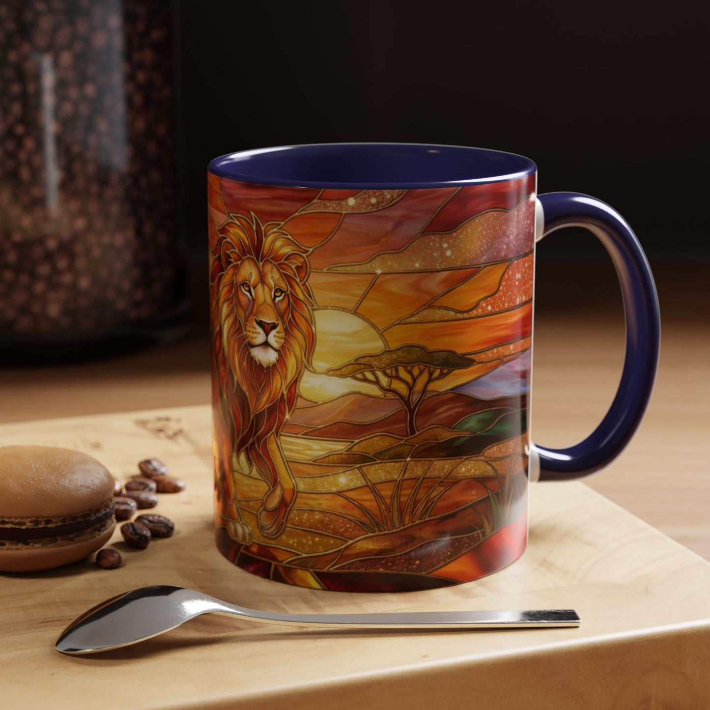 Stained Glass Lion Mug, Majestic Lion Coffee Cup, African Sunset Art Mug, Safari Wildlife Gift, Colorful Lion Lover Ceramic Mug