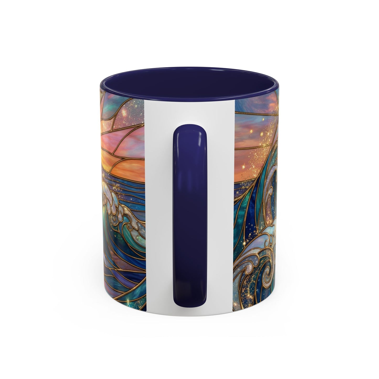 Stained Glass Ocean Wave Mug, Sunrise Beach Coffee Cup, Japanese Art Gift, Coastal Decor Kitchen, Mosaic Sea Tea Cup, Blue Gold Nature Lover