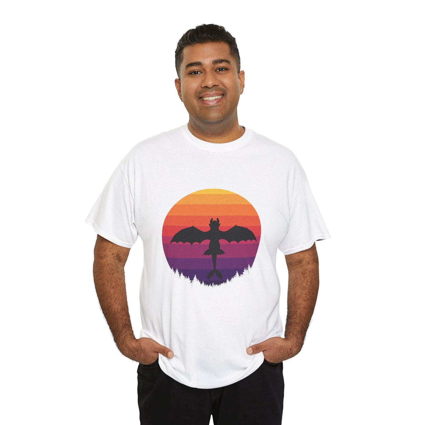 Night Dragon Sunset T-Shirt | Retro Dragon Silhouette Tee | Fantasy Dragon Shirt | Unisex Graphic Tee | Gift for Dragon Lovers