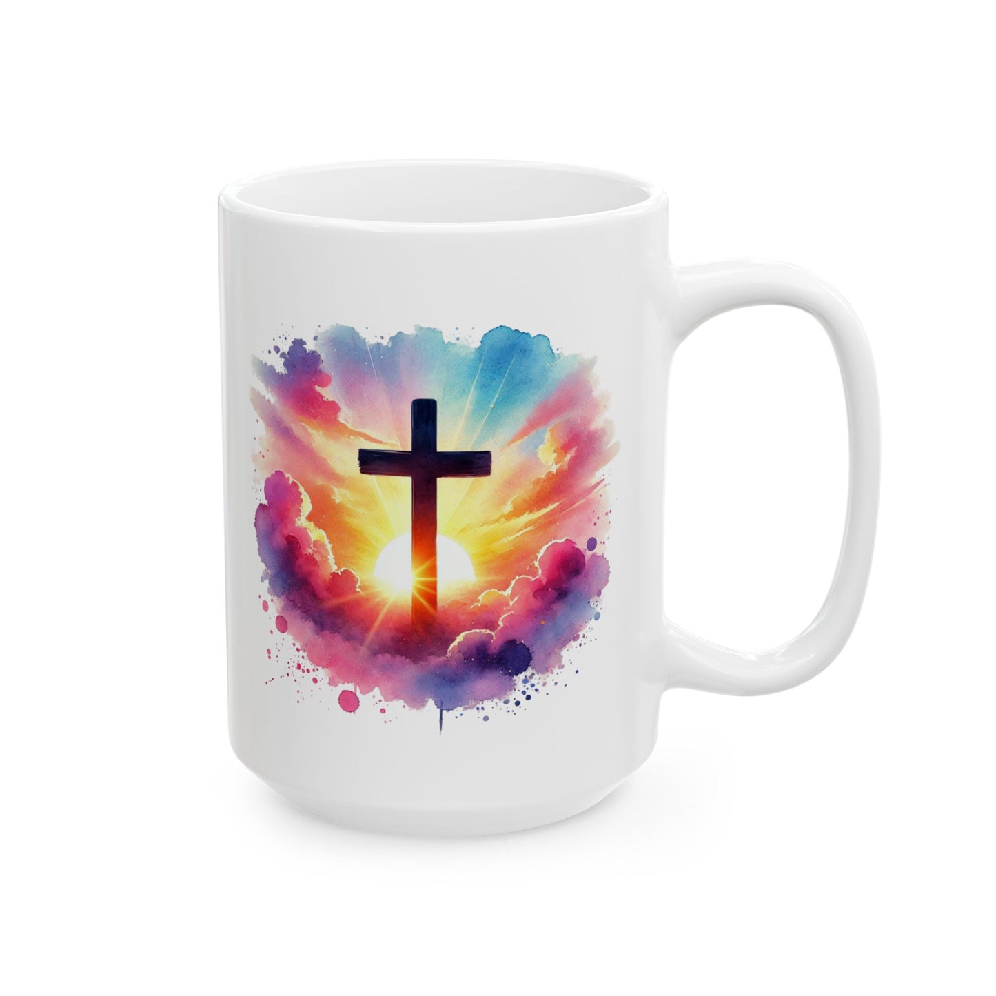 Christian Cross Sunrise Mug – Inspirational Faith Coffee Cup with Colorful Sky & Clouds, Religious Gift, Dishwasher Safe Prayer Mug