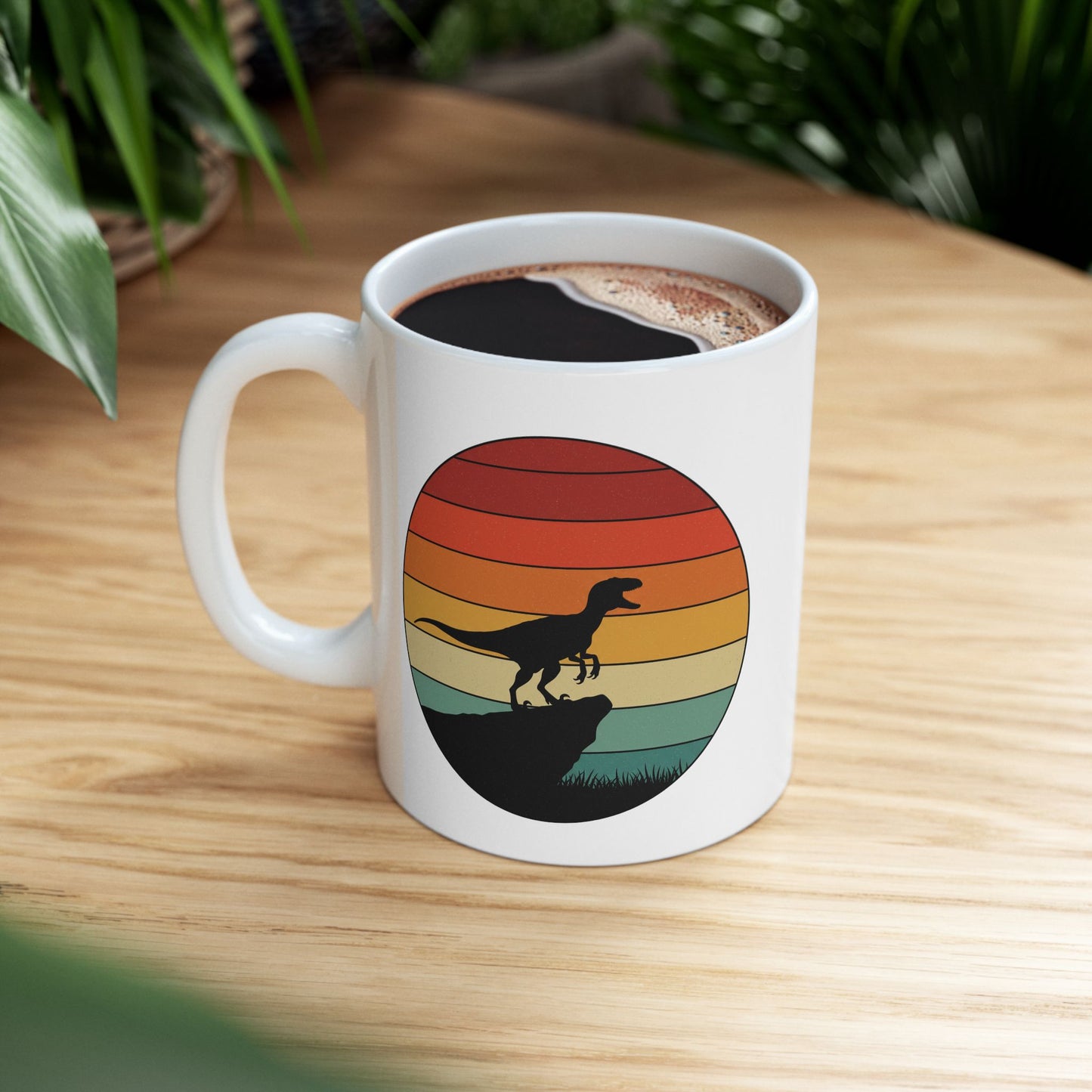 Retro Sunset Dinosaur Mug – Velociraptor Silhouette on Vintage Stripes, Jurassic Coffee Cup, Prehistoric Art Ceramic Mug, Dinosaur Lover Gift