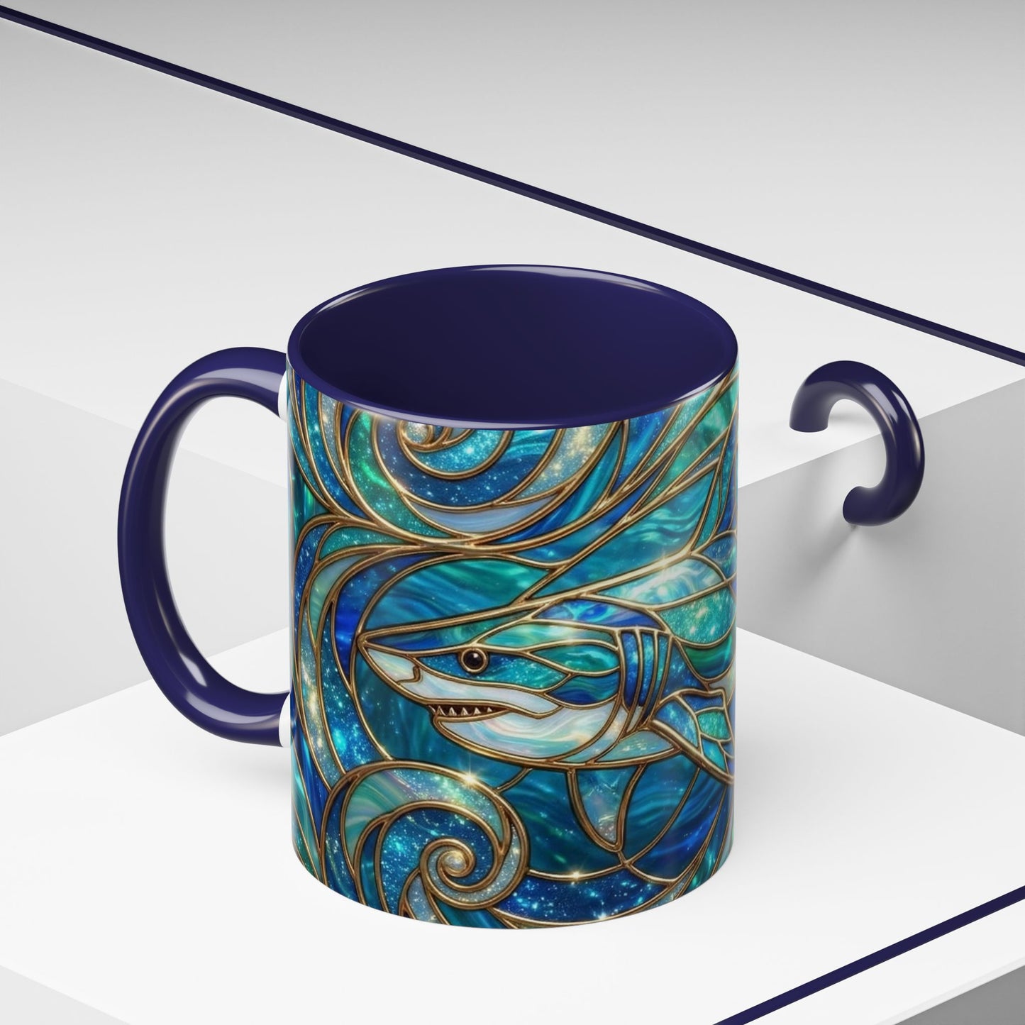 Stained Glass Shark Mug, Ocean Art Coffee Cup, Blue Shark Gift, Sea Life Ceramic Mug, Artistic Shark Design, Marine Lover Gift, Unique Ocean Mug