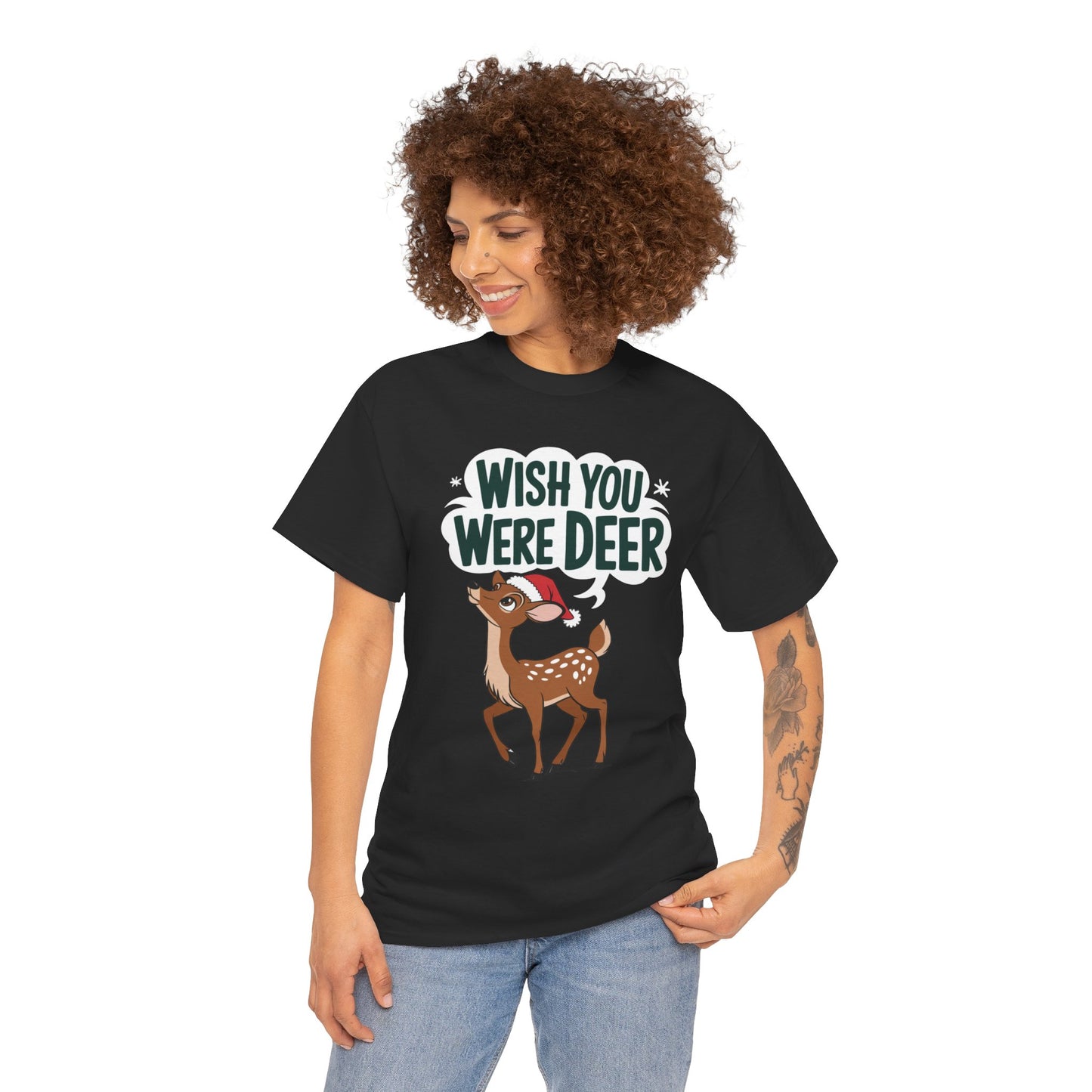 Wish You Were Deer Funny Christmas T-Shirt, Cute Reindeer Holiday Tee, Pun Christmas Shirt, Festive Santa Hat Deer Graphic Tee Gift