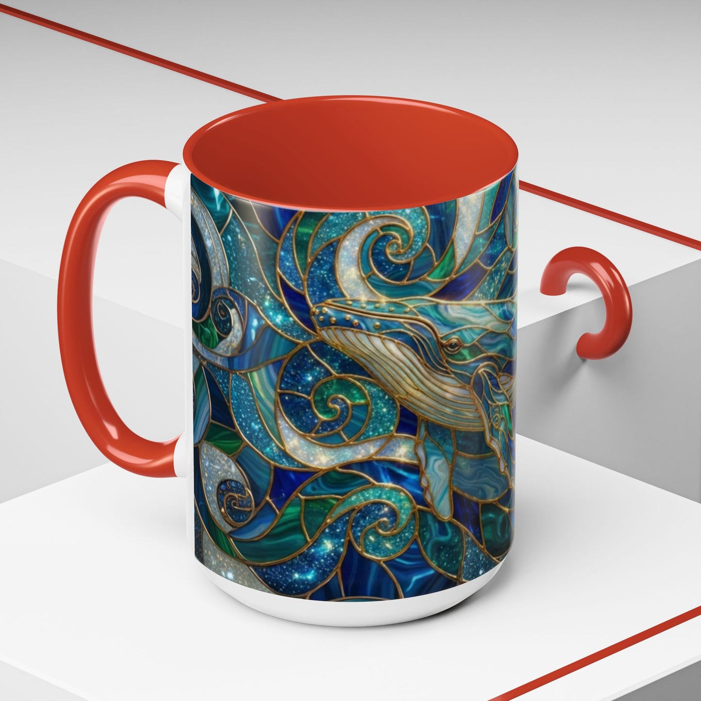 Stained Glass Whale Mug, Ocean Art Coffee Cup, Blue Sea Life Design, Nautical Gift For Ocean Lovers, Colorful Stained Glass Whale Cup