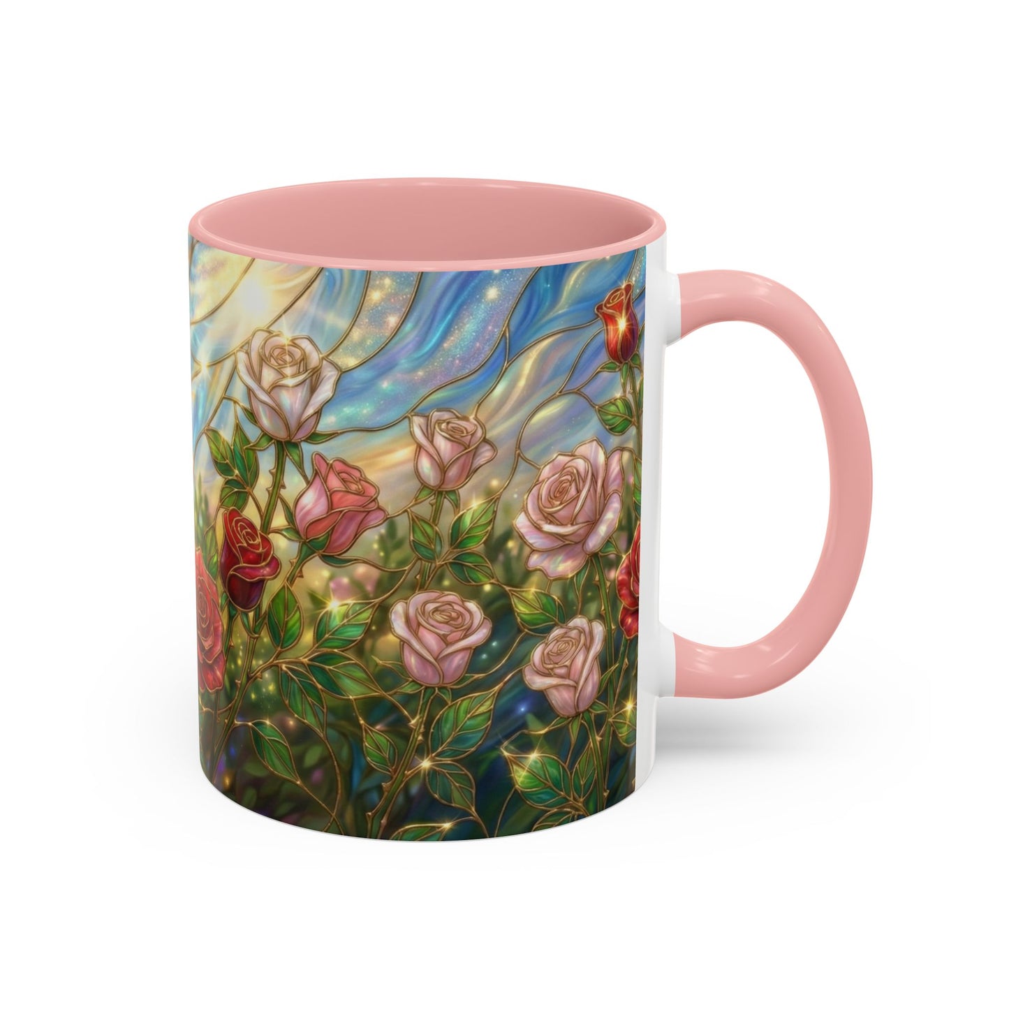 Stained Glass Rose Garden Mug, Floral Rose Coffee Cup, Elegant Flower Mug, Blue Green Gold Glass Style Design, Romantic Gift For Her