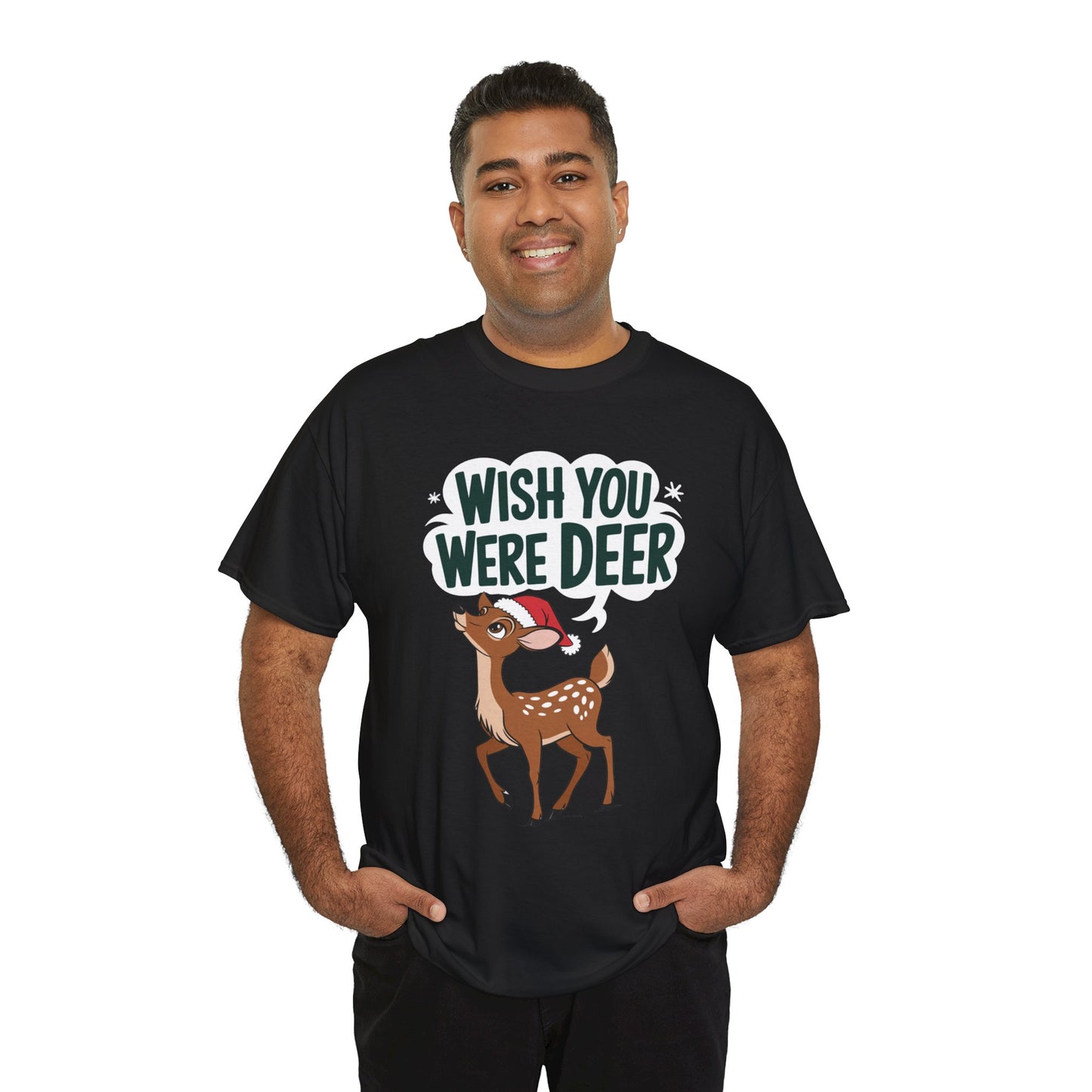 Wish You Were Deer Funny Christmas T-Shirt, Cute Reindeer Holiday Tee, Pun Christmas Shirt, Festive Santa Hat Deer Graphic Tee Gift