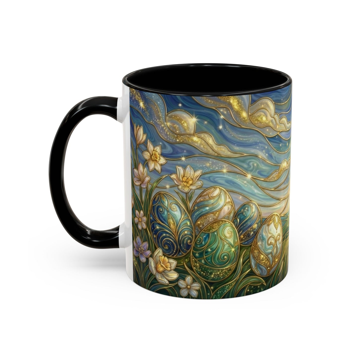 Stained Glass Easter Egg Mug, Magical Spring Floral Coffee Cup, Art Nouveau Fantasy Teacup, Elegant Celestial Starry Sky Mug Gift Idea