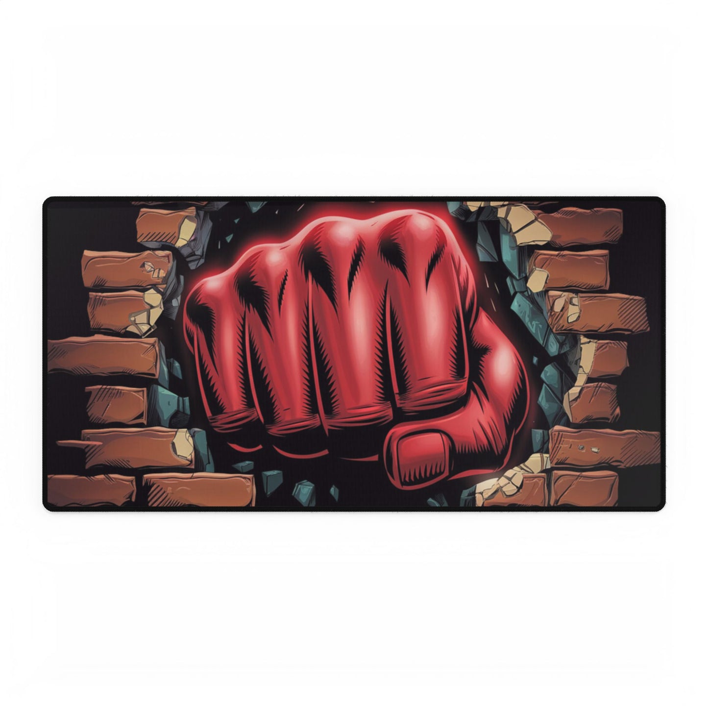 Desk Mat - Red Fist Punching Through Wall Design