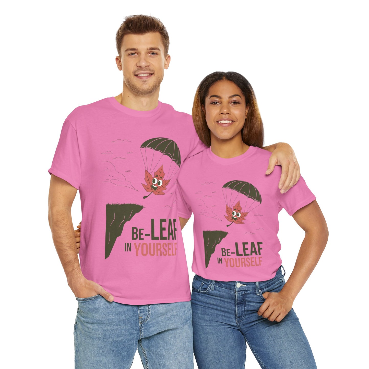 Be-Leaf In Yourself Maple Leaf Parachute T-Shirt | Funny Motivational Nature Graphic Tee | Self-Love Fall Autumn Shirt | Outdoorsy Gift