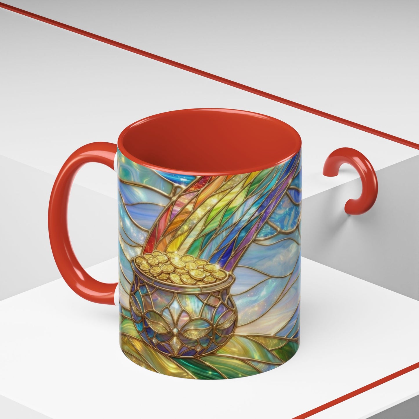 Stained Glass Rainbow Mug, Pot Of Gold Coffee Cup, St Patricks Day Gift, Magical Fantasy Tea Cup, Lucky Irish Leprechaun, Colorful Art
