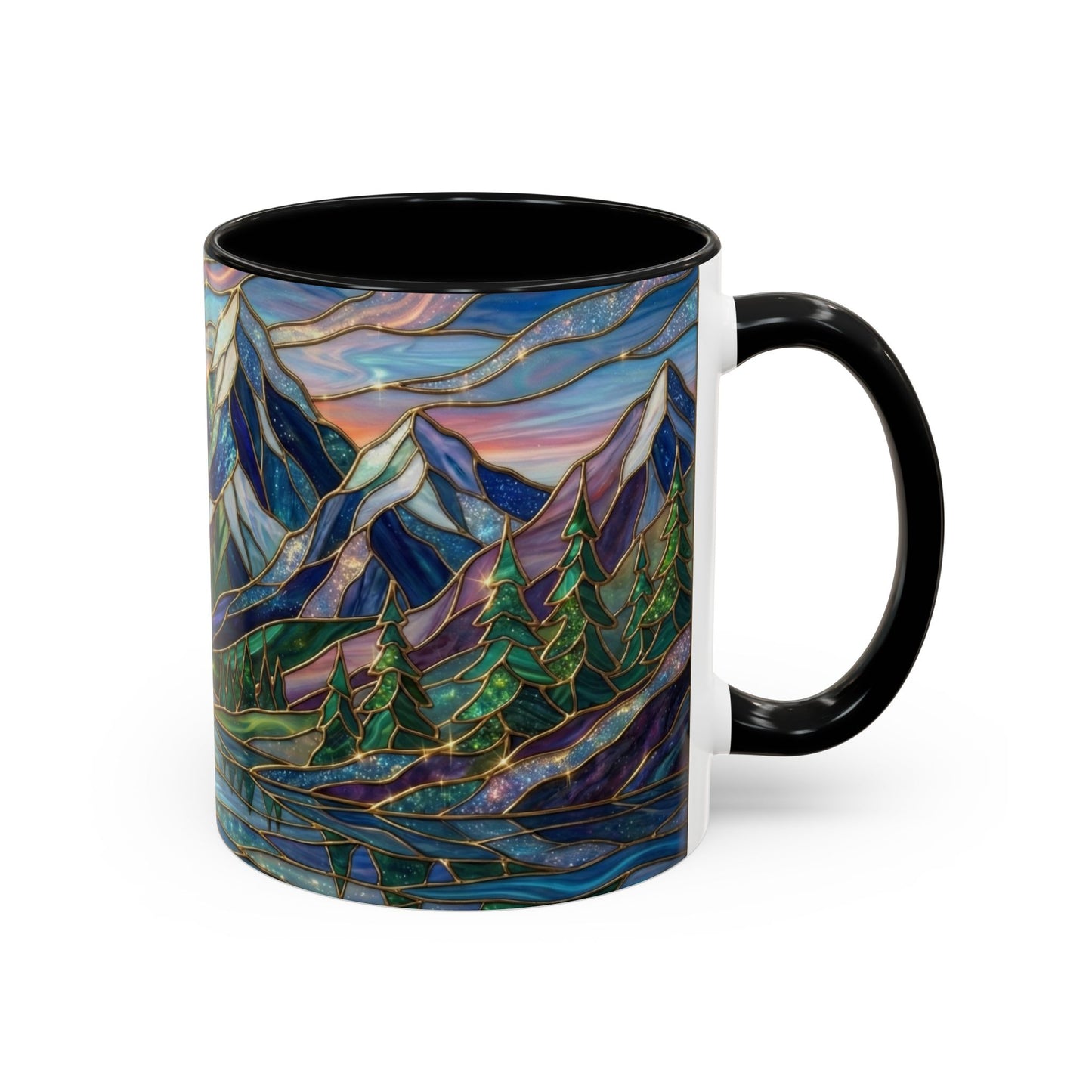 Stained Glass Mountain Mug, Sunset Mountain Landscape Coffee Cup, Nature Ceramic Mug With Forest And River, 11oz 15oz Gift