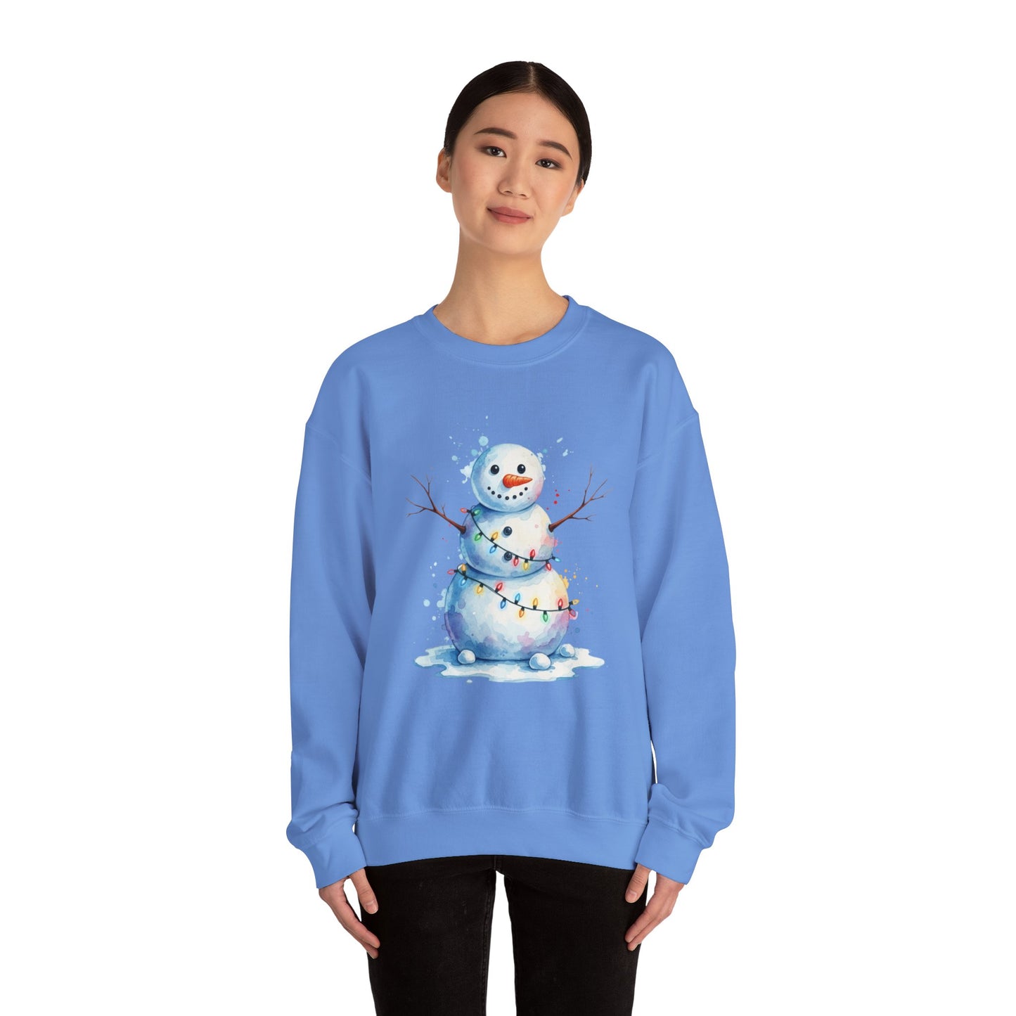 Watercolor Snowman Christmas Sweatshirt, Cute Snowman Crewneck for Winter, Holiday Lights Snowman Sweater, Cozy Unisex Christmas Gift