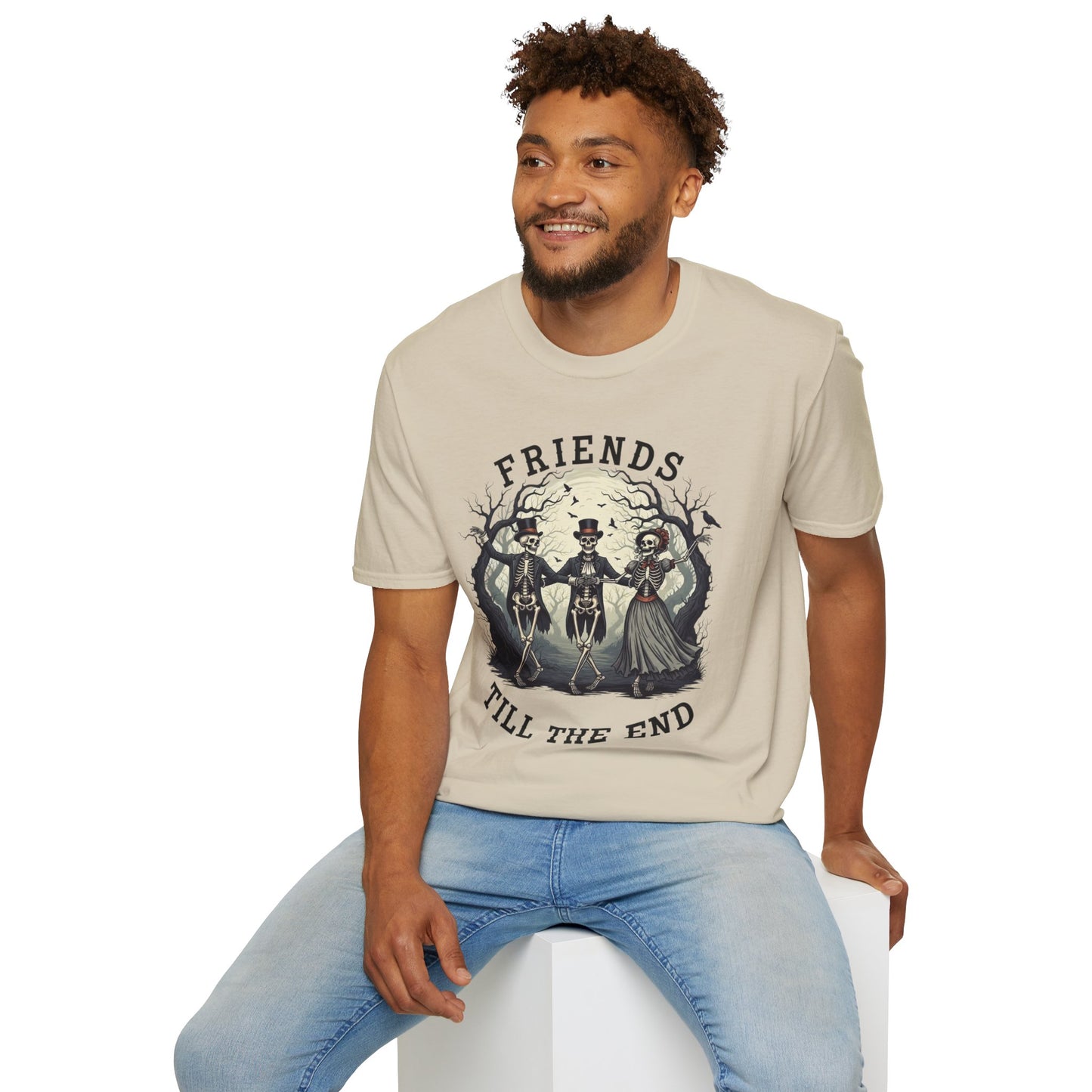 Friends Till The End Skeleton Tee | Dancing Skeleton Friends Shirt | Halloween Gothic BFF Gift | Unisex Heather Grey Graphic T-Shirt