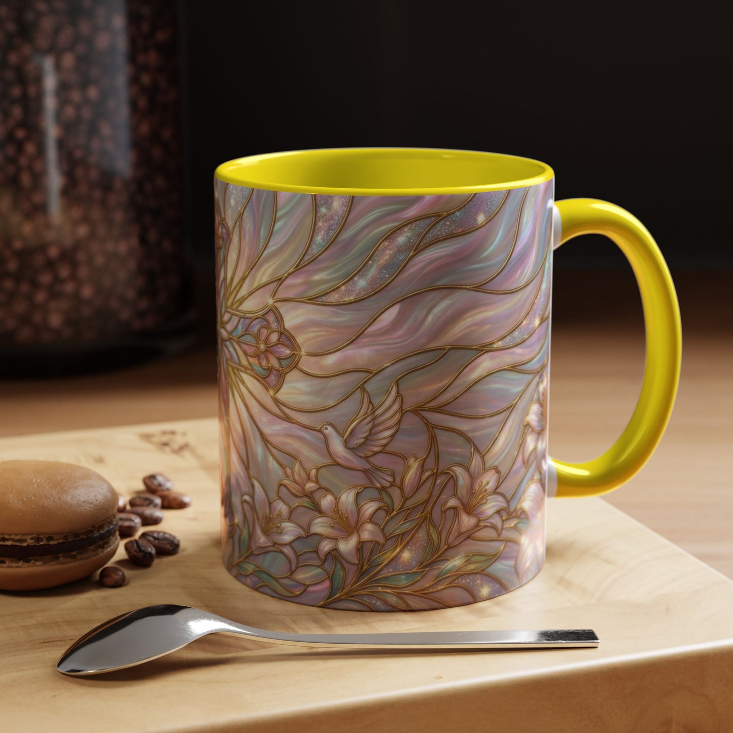 Stained Glass Cross Mug, Easter Lily Coffee Cup, Christian Gift for Women, Pastel Religious Drinkware, Dove and Faith Cup, Spiritual