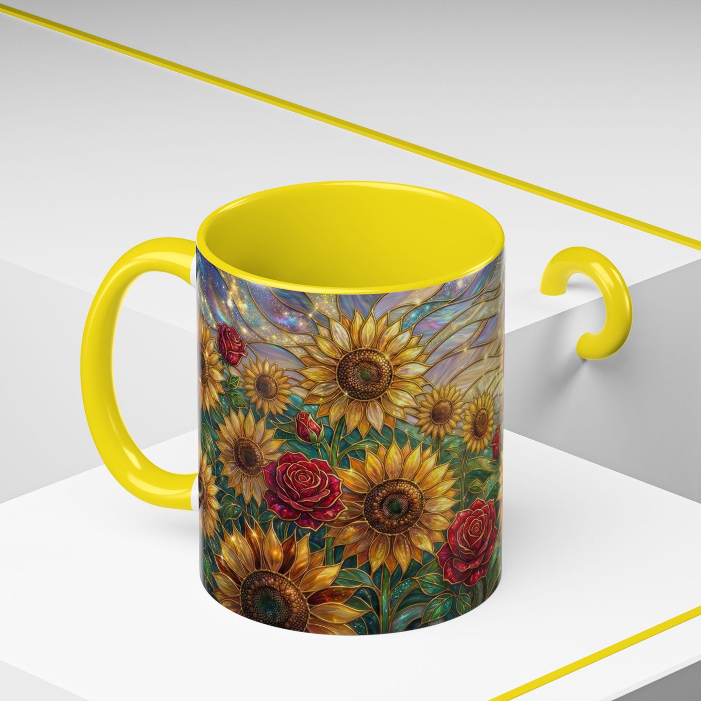 Personalized Stained Glass Sunflower Mug, Custom Red Rose Floral Coffee Cup, Celestial Night Sky Botanical Teacup, Gift For Flower Lover