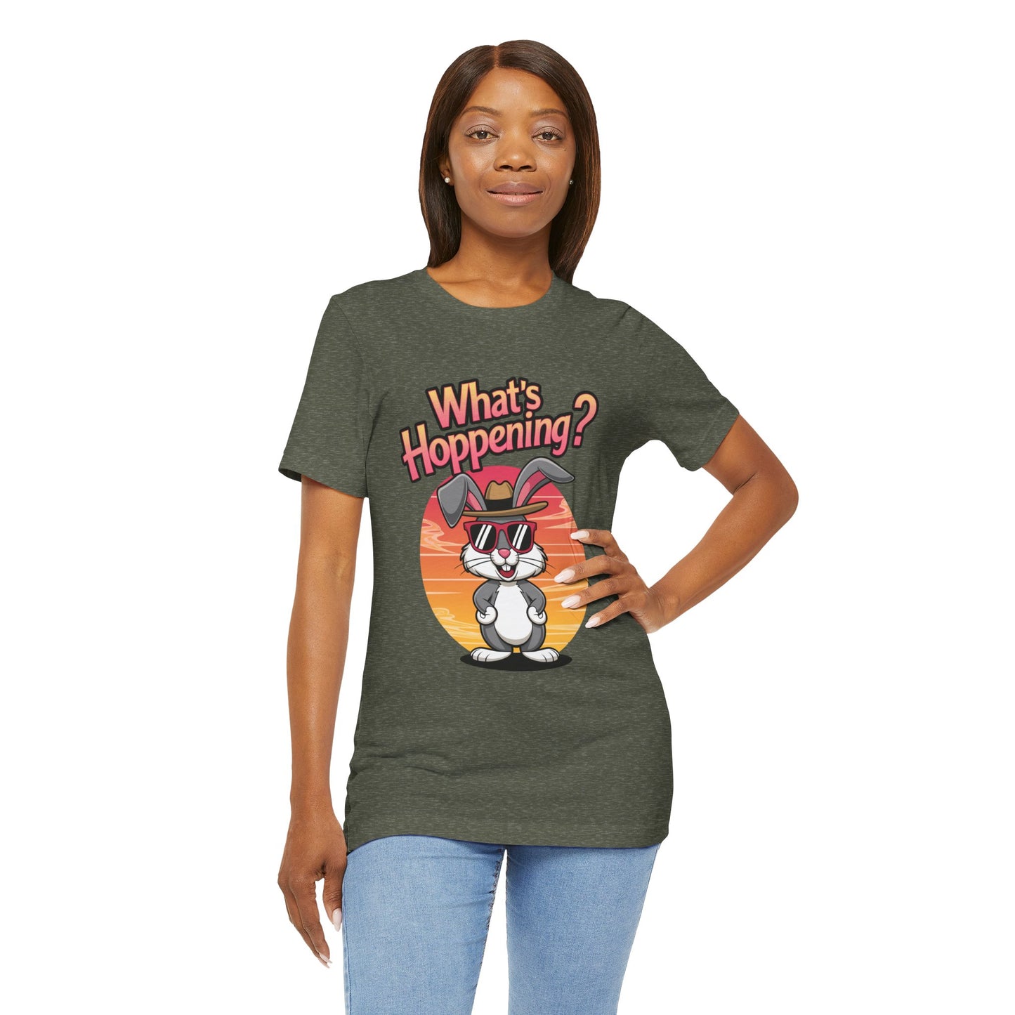 What’s Hoppening Funny Bunny Shirt – Cute Rabbit Pun T-Shirt – Sunset Graphic Tee for Animal Lovers, Easter, and Pun Enthusiasts