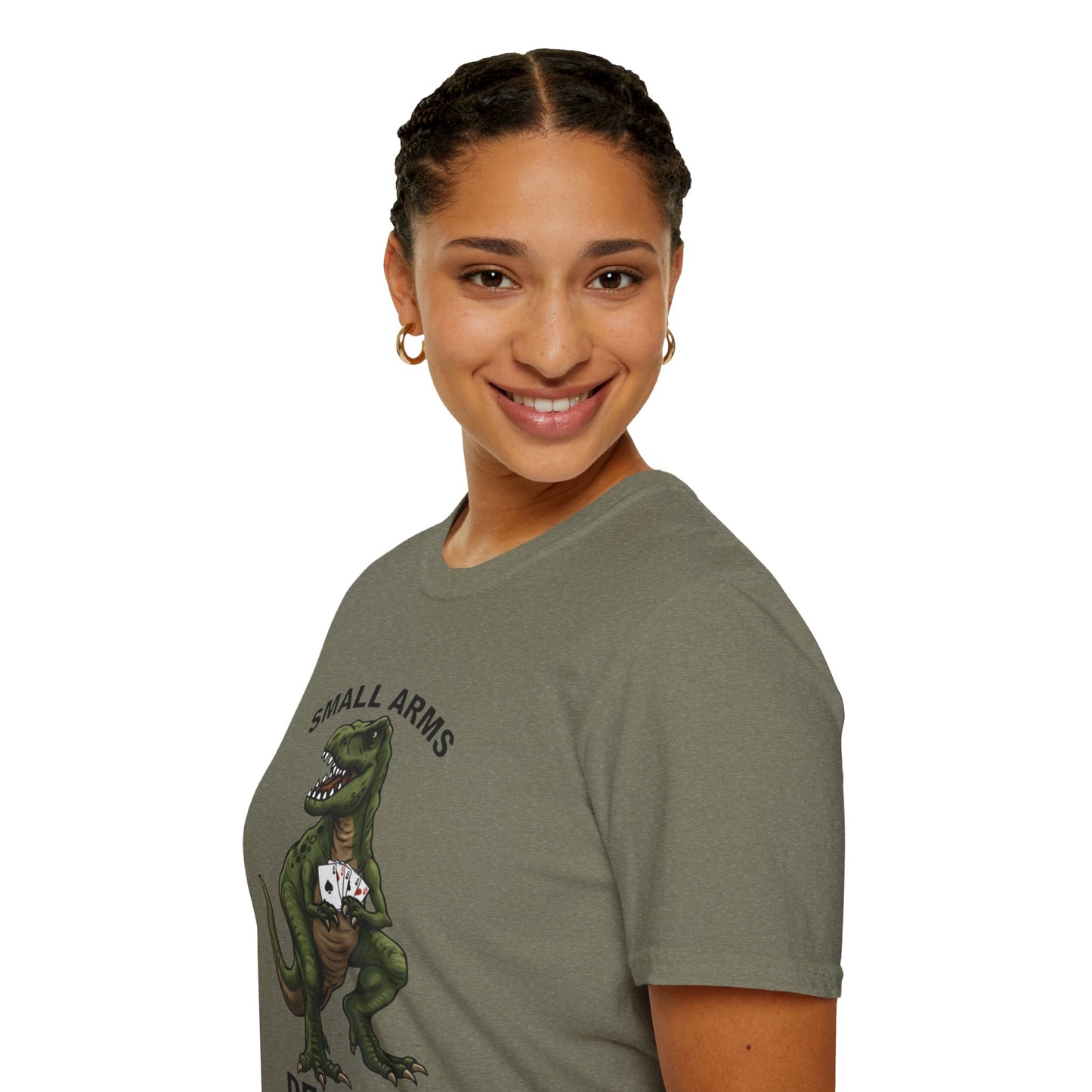 Funny Small Arms Dealer T-Rex Shirt, Dinosaur Pun Tee, Hilarious Graphic T-Shirt for Men & Women, Great Gift for Dad, Friend, or Coworker