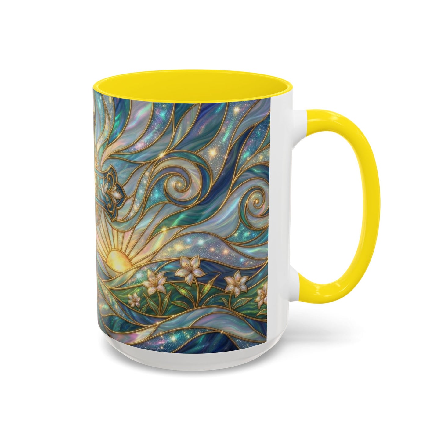 Stained Glass Cross Mug, Christian Coffee Cup, Religious Easter Gift, Celestial Faith Mug, Spiritual Sunrise Cup, Dove Lily Print Mug