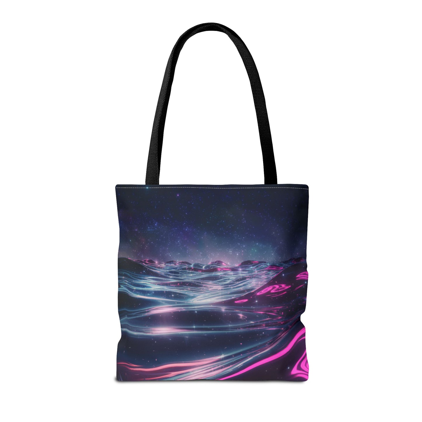 Neon Wave Horizon Tote Bag, Futuristic Ocean Design With Pink And Blue Light, Sci-Fi Aesthetic Reusable Tote For Travel, Gifts, And Everyday Use