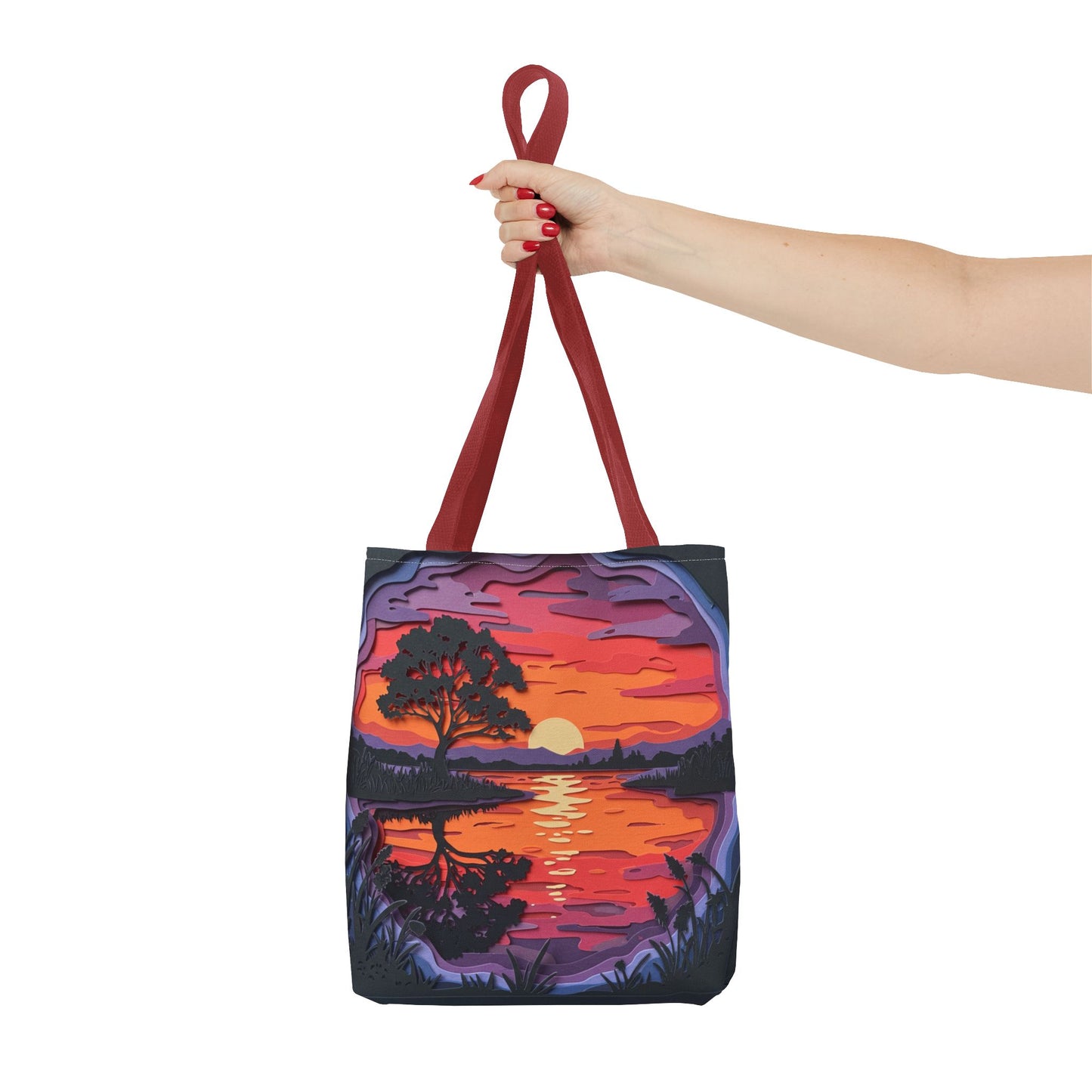 Sunset Landscape Canvas Tote Bag – Paper‑Art Inspired Nature Scene Tote – Colorful Sunset Market Tote, Eco Reusable Beach Bag, Vibrant Gift for Her