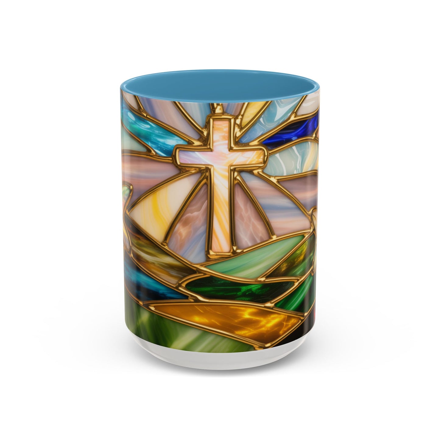 Stained Glass Cross Mug, Christian Sunrise Coffee Cup, Religious Floral Art Mug, Inspirational Faith Gift For Women, Colorful Stained Glass Design