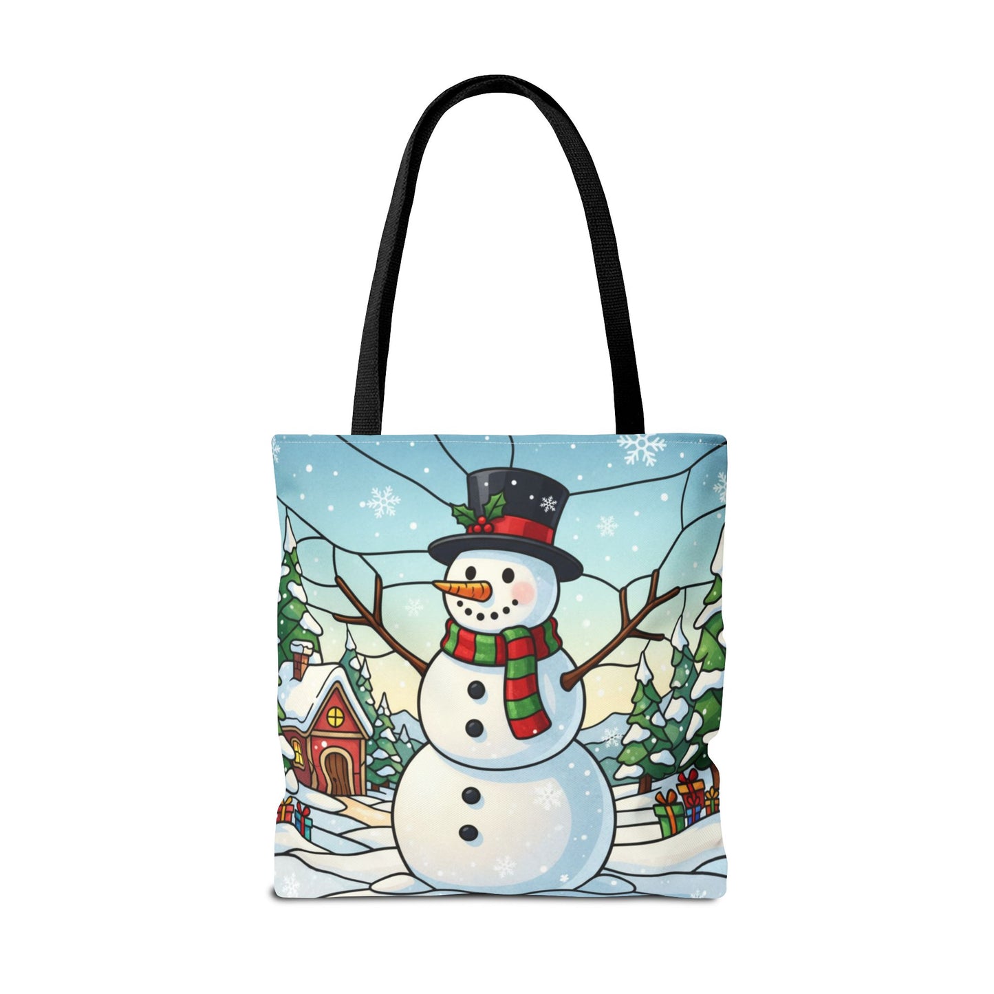 Stained Glass Snowman Christmas Tote Bag, Holiday Art Tote, Festive Winter Gift Bag, Colorful Christmas Scene Reusable Shopping Bag