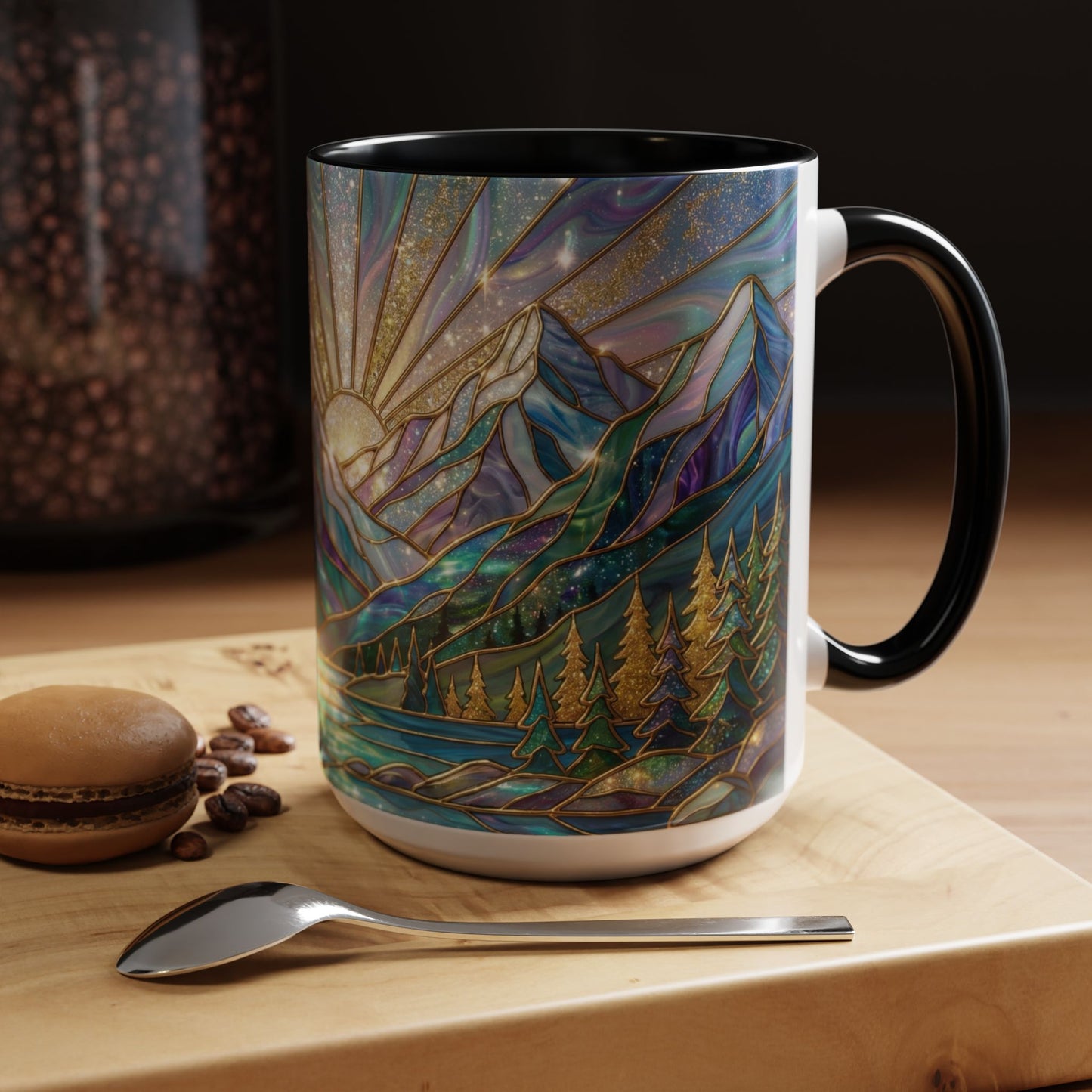 Stained Glass Mountain Mug, Mountain Landscape Coffee Cup, Galaxy Sky Nature Ceramic Mug, Sunrise River Forest Art, 11oz 15oz Gift