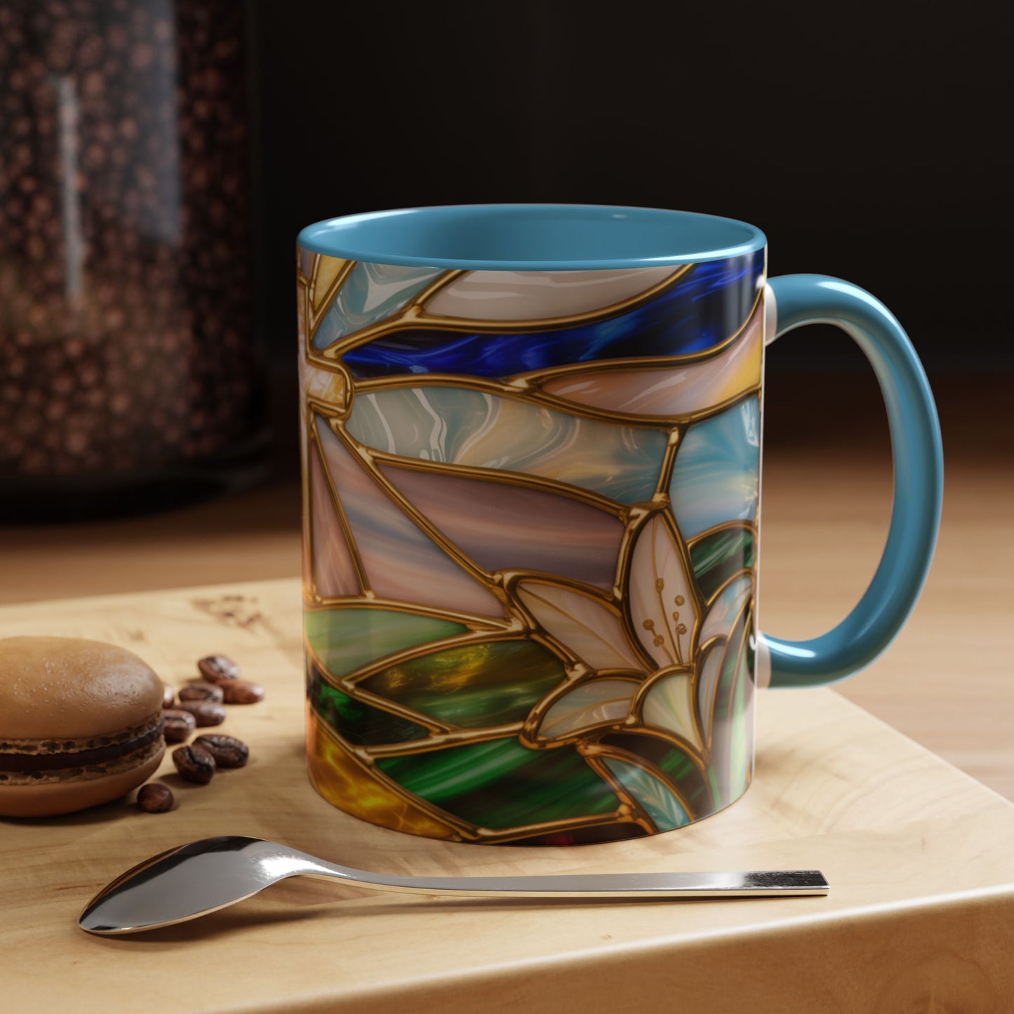 Stained Glass Cross Mug, Christian Sunrise Coffee Cup, Religious Floral Art Mug, Inspirational Faith Gift For Women, Colorful Stained Glass Design