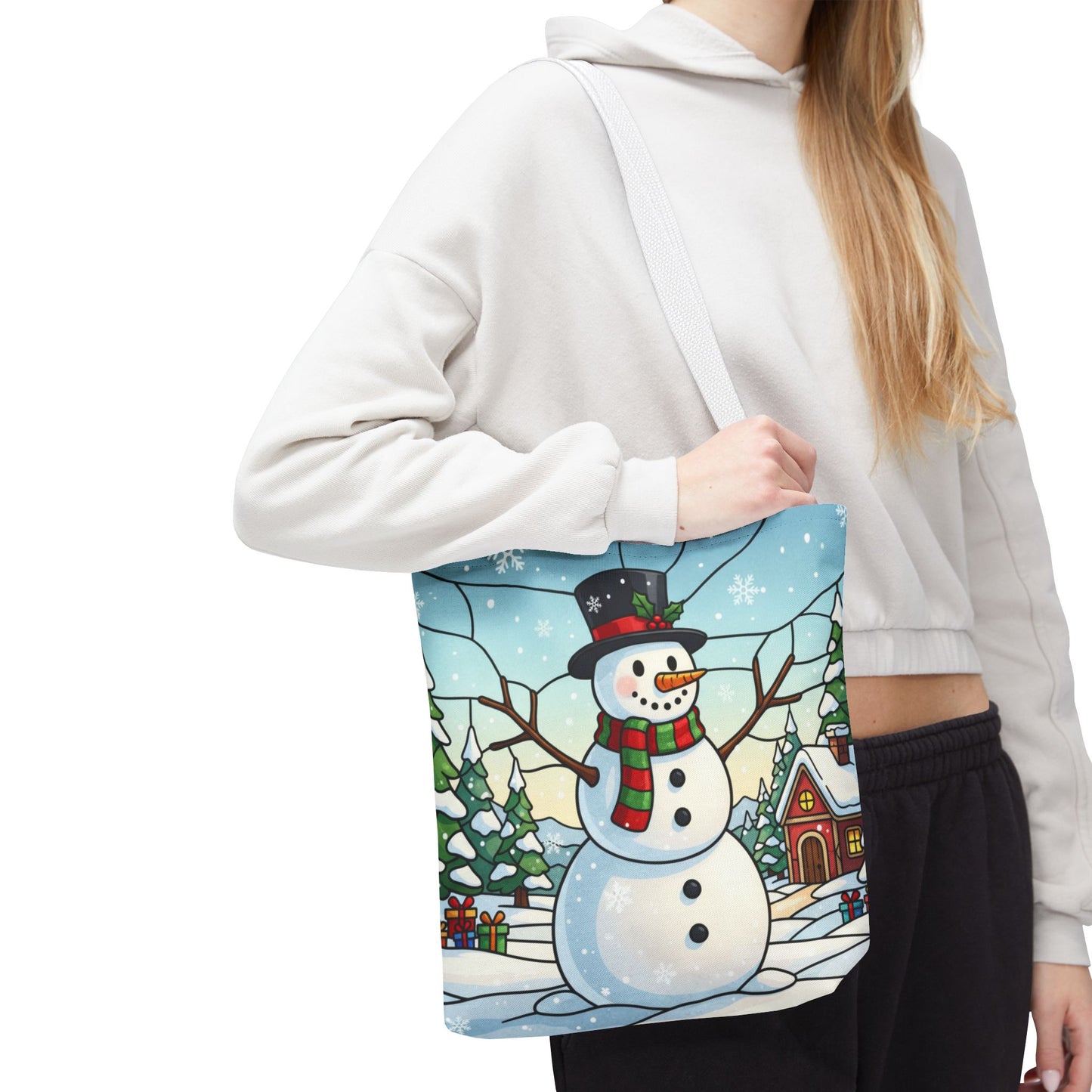 Stained Glass Snowman Christmas Tote Bag, Holiday Art Tote, Festive Winter Gift Bag, Colorful Christmas Scene Reusable Shopping Bag