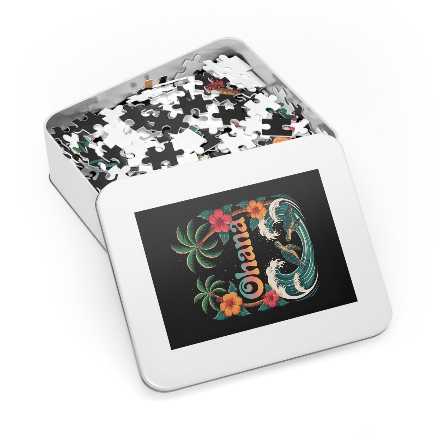 Ohana Jigsaw Puzzle - Retro Hawaiian Sea Turtle & Palm Tree Puzzle for Family Fun, Gift, or Decor - Tropical Beach Aesthetic Puzzle