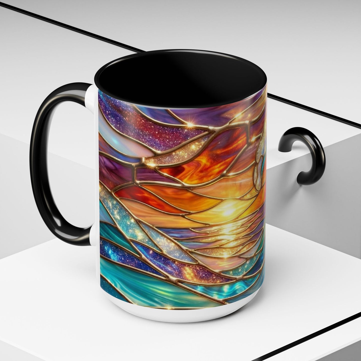 Stained Glass Wave Mug, Cosmic Ocean Coffee Cup, Celestial Sunrise Tea Mug, Surfer Beach Decor Gift, Starry Sea Art, Ocean Lover Cup