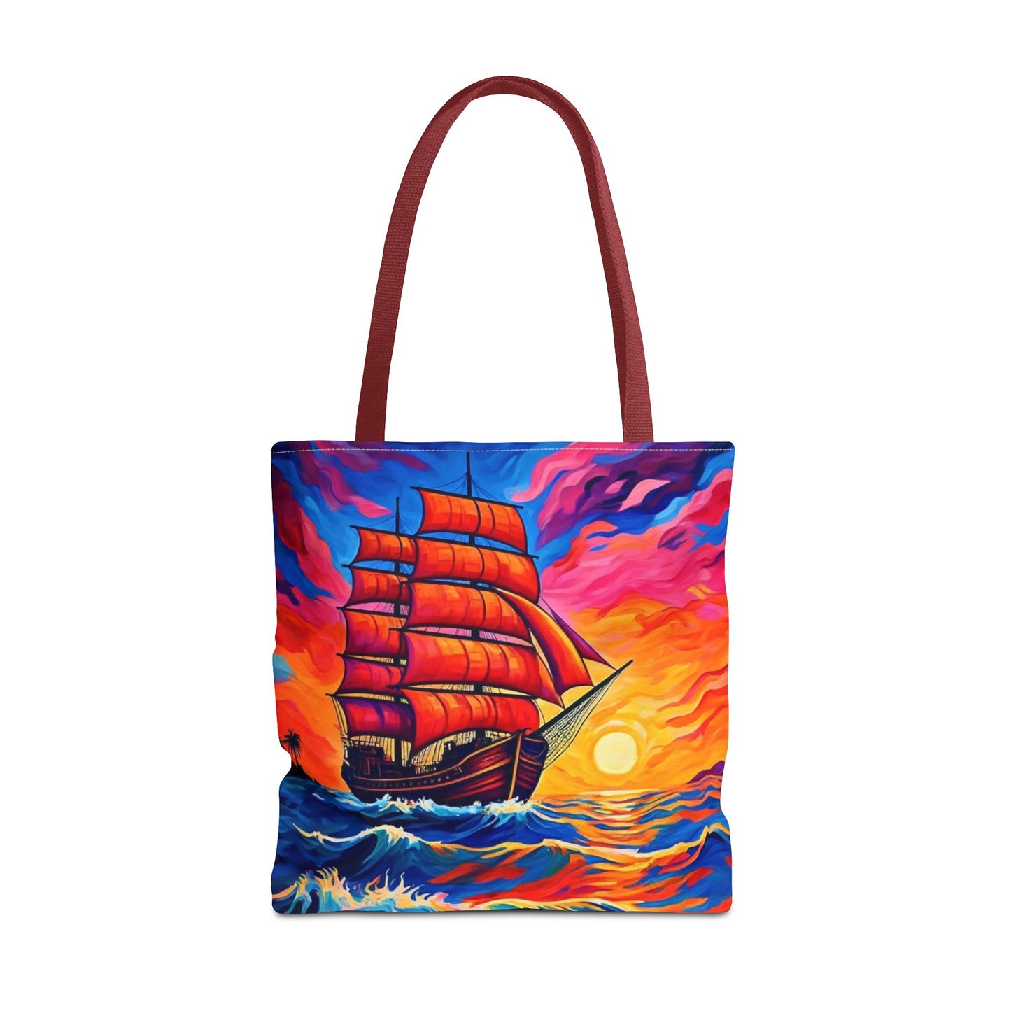 Crimson Voyage Tote Bag, Red Sailboat At Sunset Artistic Ocean Design, Nautical Reusable Tote For Beach, Travel, And Everyday Use