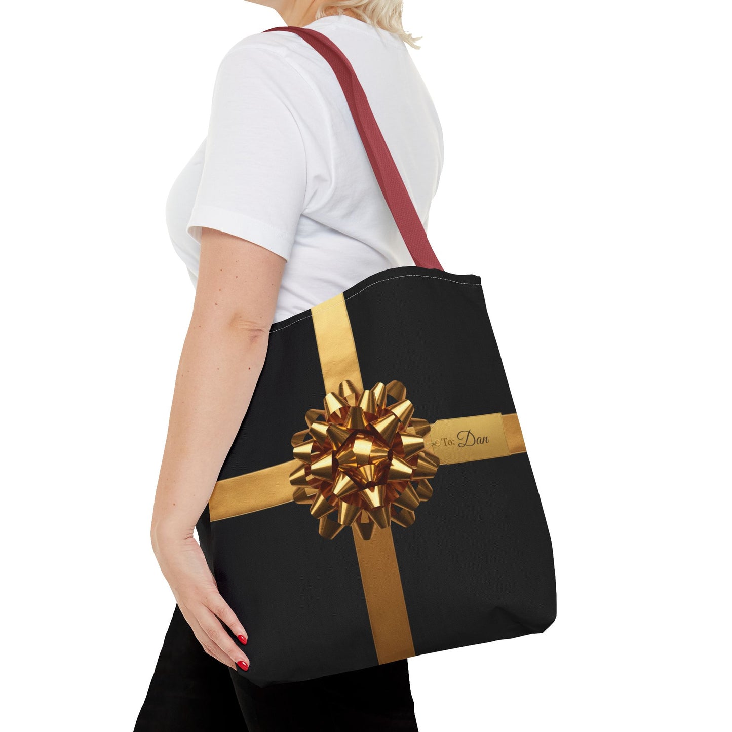 Custom Name Tote Bag | Black & Gold Gift Wrap Design | Personalized Luxury Tote for Stylish Everyday Use or Gifting