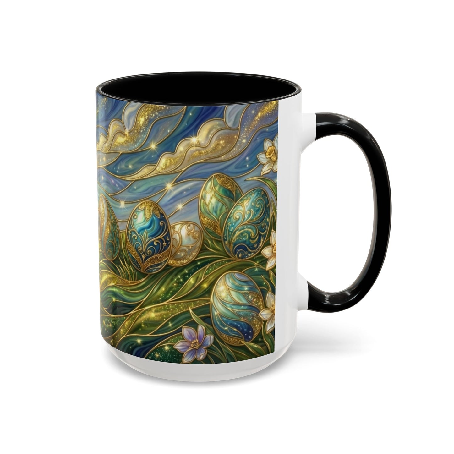 Stained Glass Easter Egg Mug, Magical Spring Floral Coffee Cup, Art Nouveau Fantasy Teacup, Elegant Celestial Starry Sky Mug Gift Idea