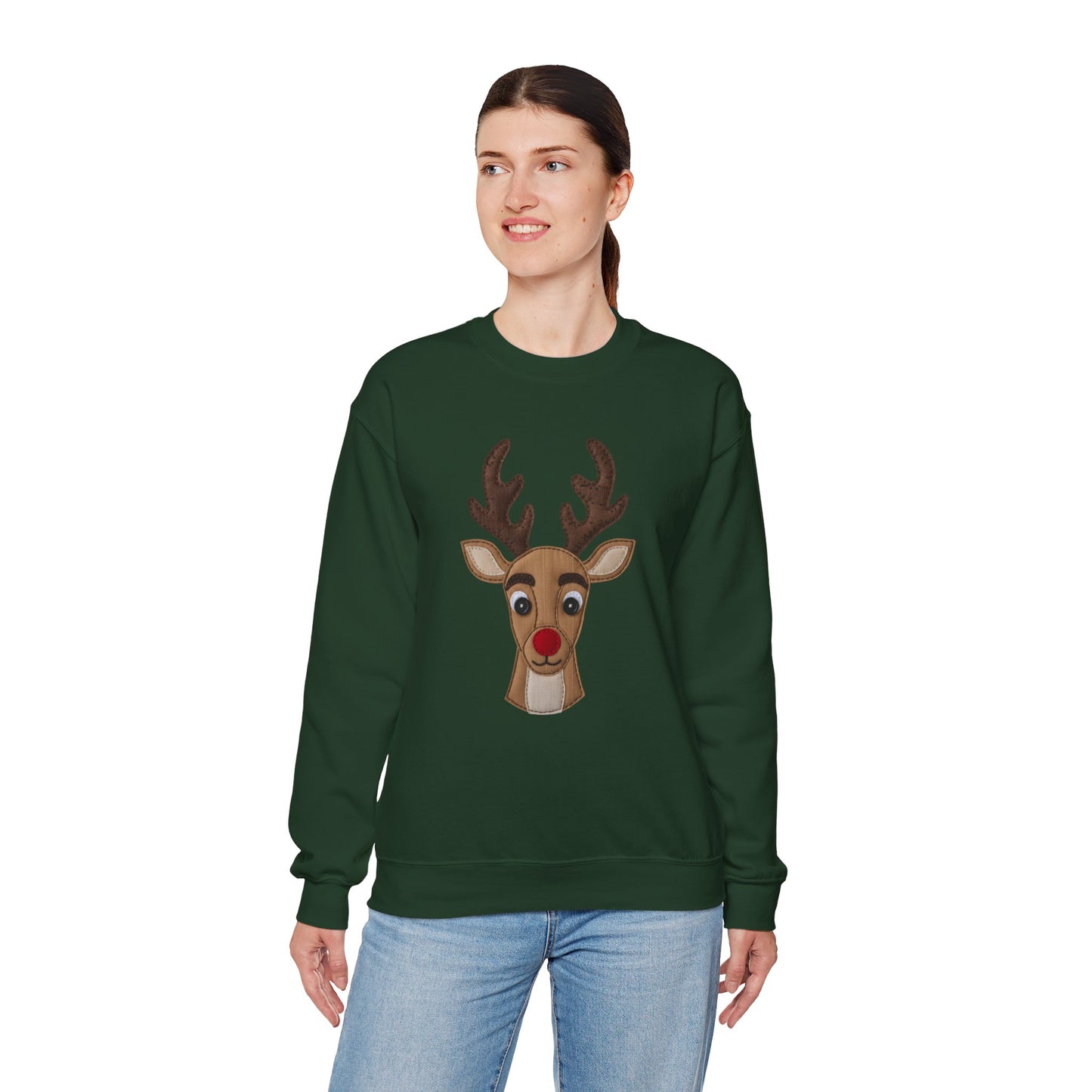 Faux Patchwork Rudolph Sweatshirt, Cute Reindeer Christmas Crewneck, Cozy Holiday Pullover, Winter Reindeer Sweater, Xmas Gift for Women