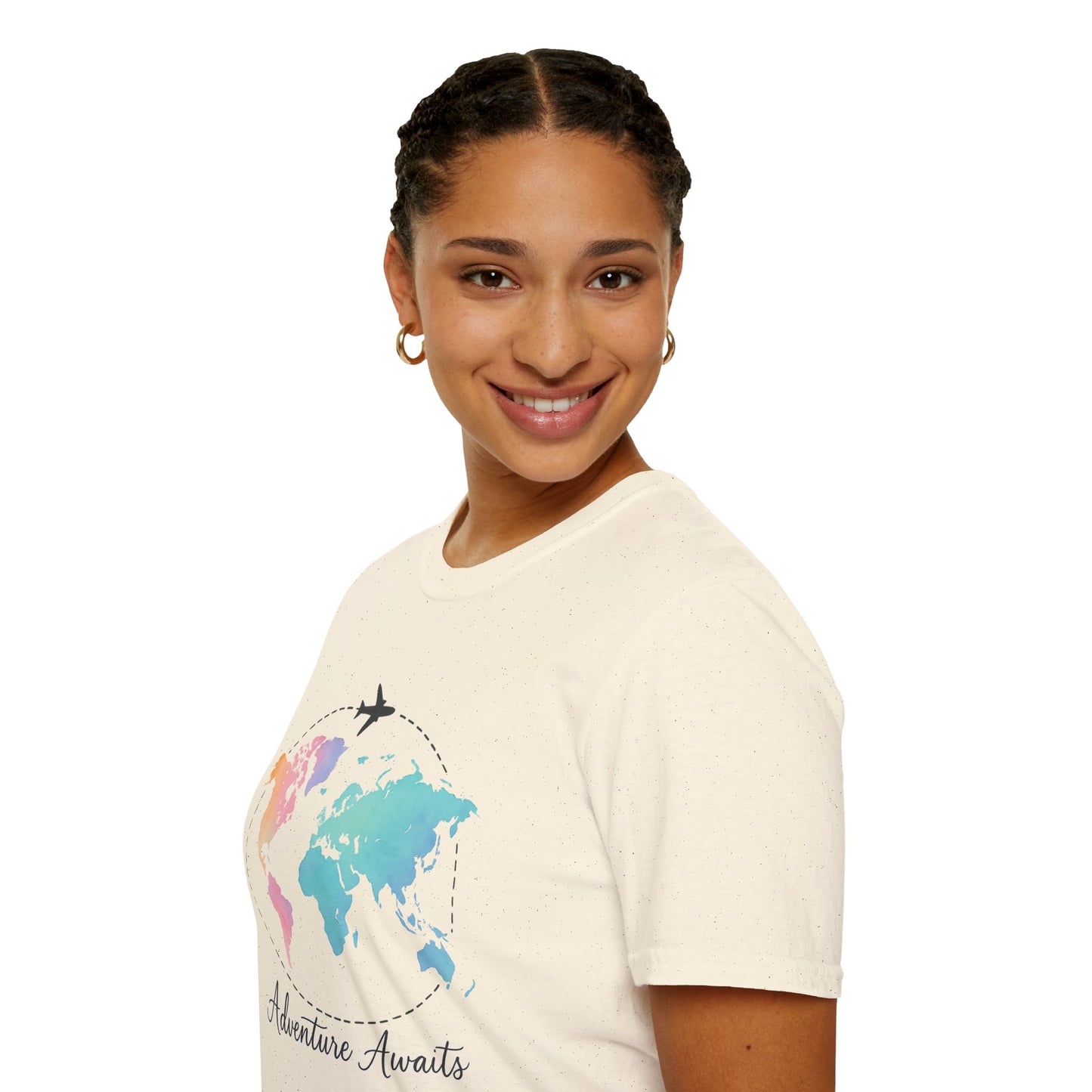 Adventure Awaits Travel Shirt | Watercolor World Map Tee for Women and Men | Wanderlust Gift for Travelers, Hikers, Campers, Beach Lovers