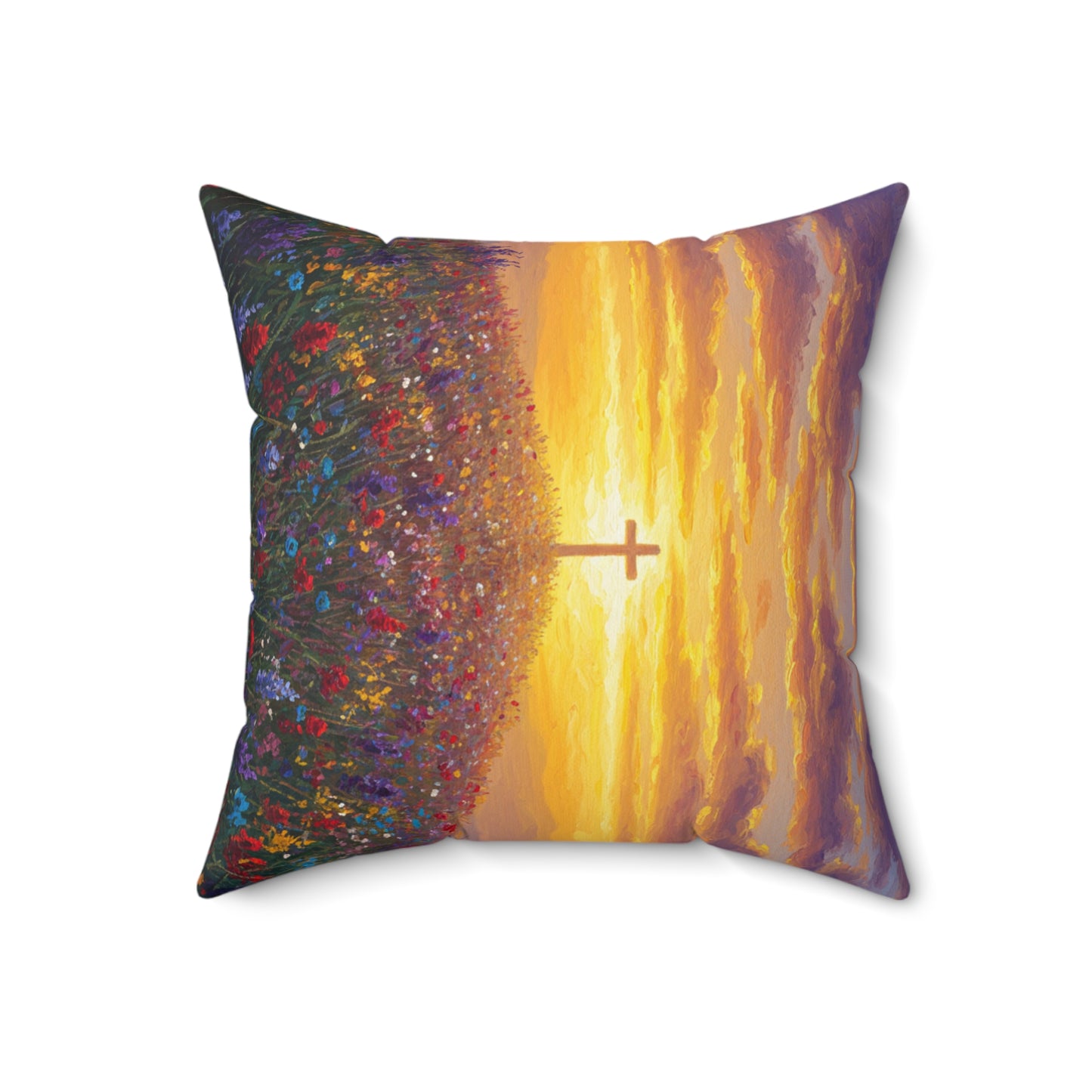 Square Pillow - Monet Style Cross on Hill Painting Christian Pillow Religious Decor Faith Based Throw Gift for Believers